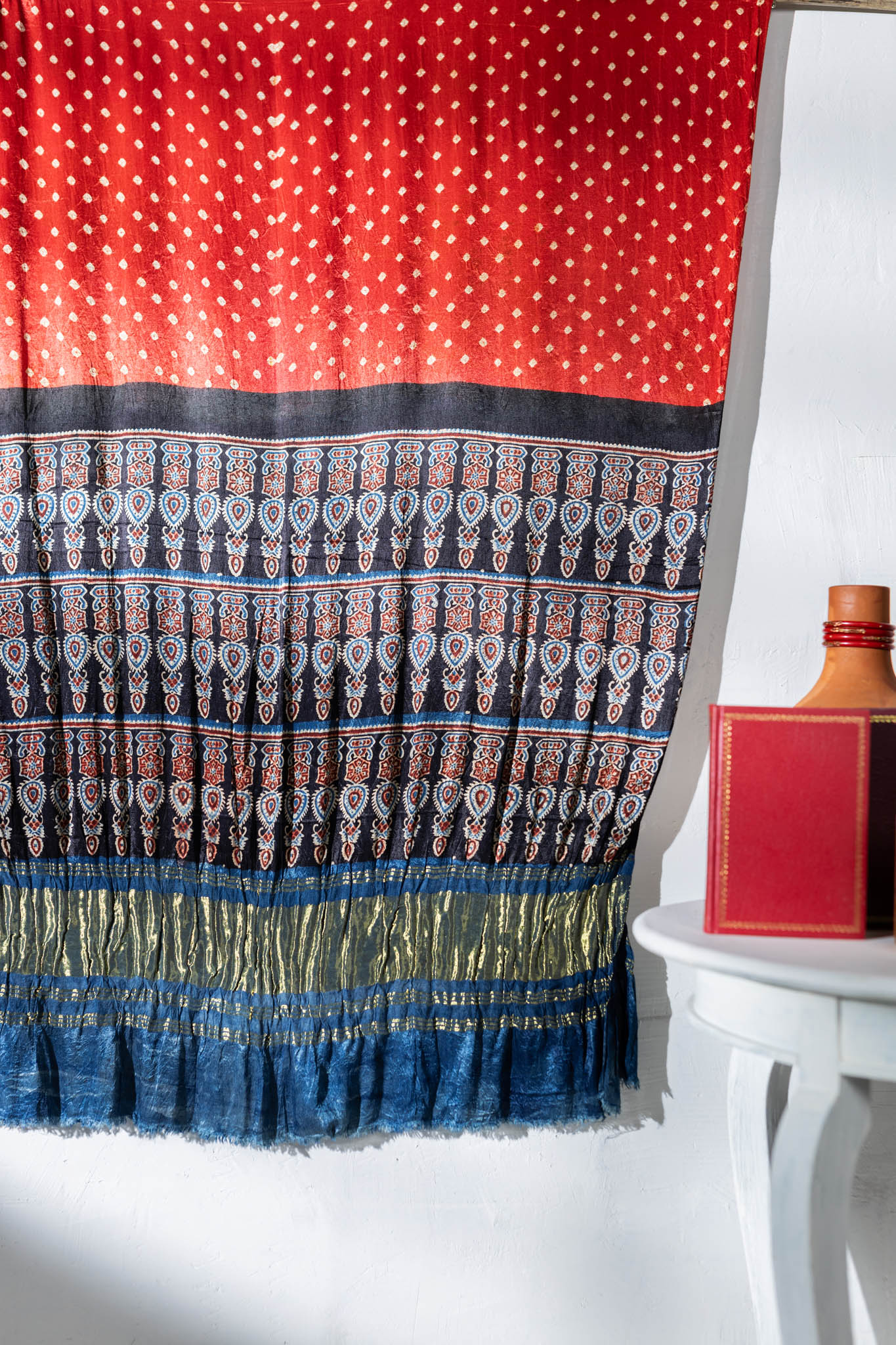 Ajrakh Hand Block Printed / Bandhani Modal Silk Dupatta with Lagdi Patta