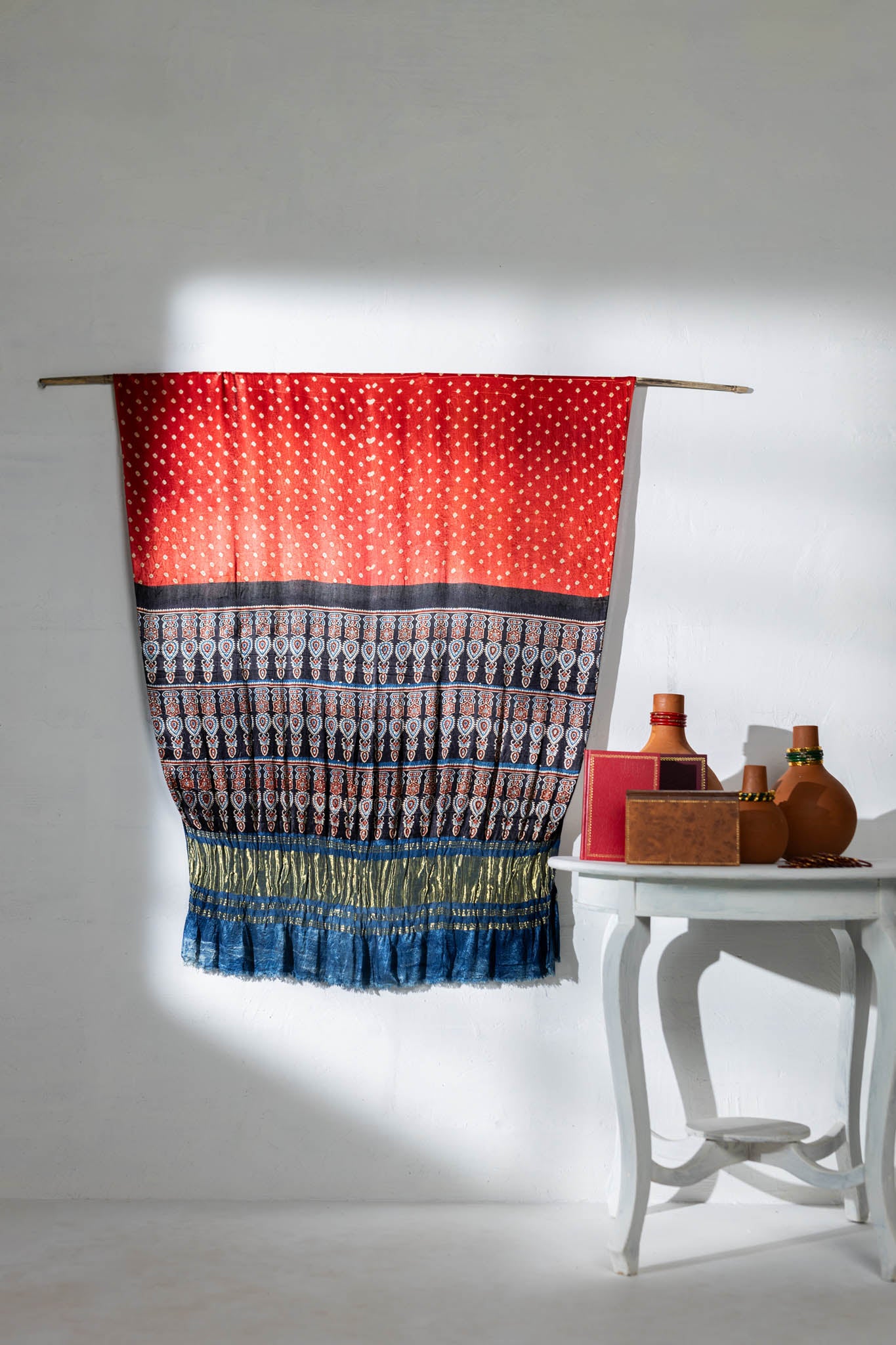 Ajrakh Hand Block Printed / Bandhani Modal Silk Dupatta with Lagdi Patta