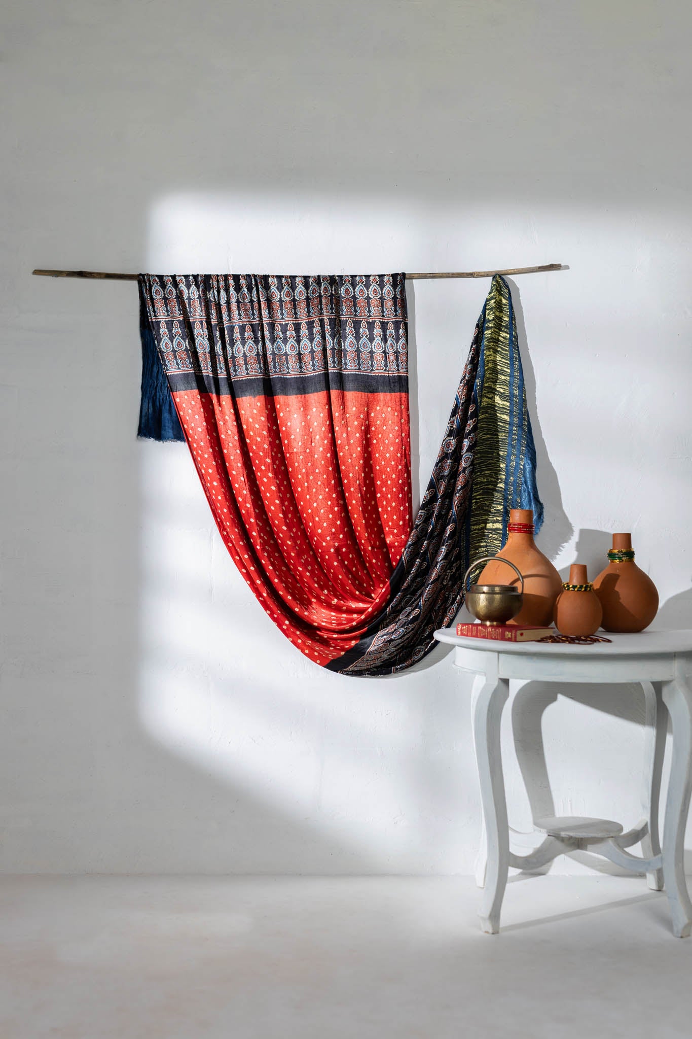 Ajrakh Hand Block Printed / Bandhani Modal Silk Dupatta with Lagdi Patta