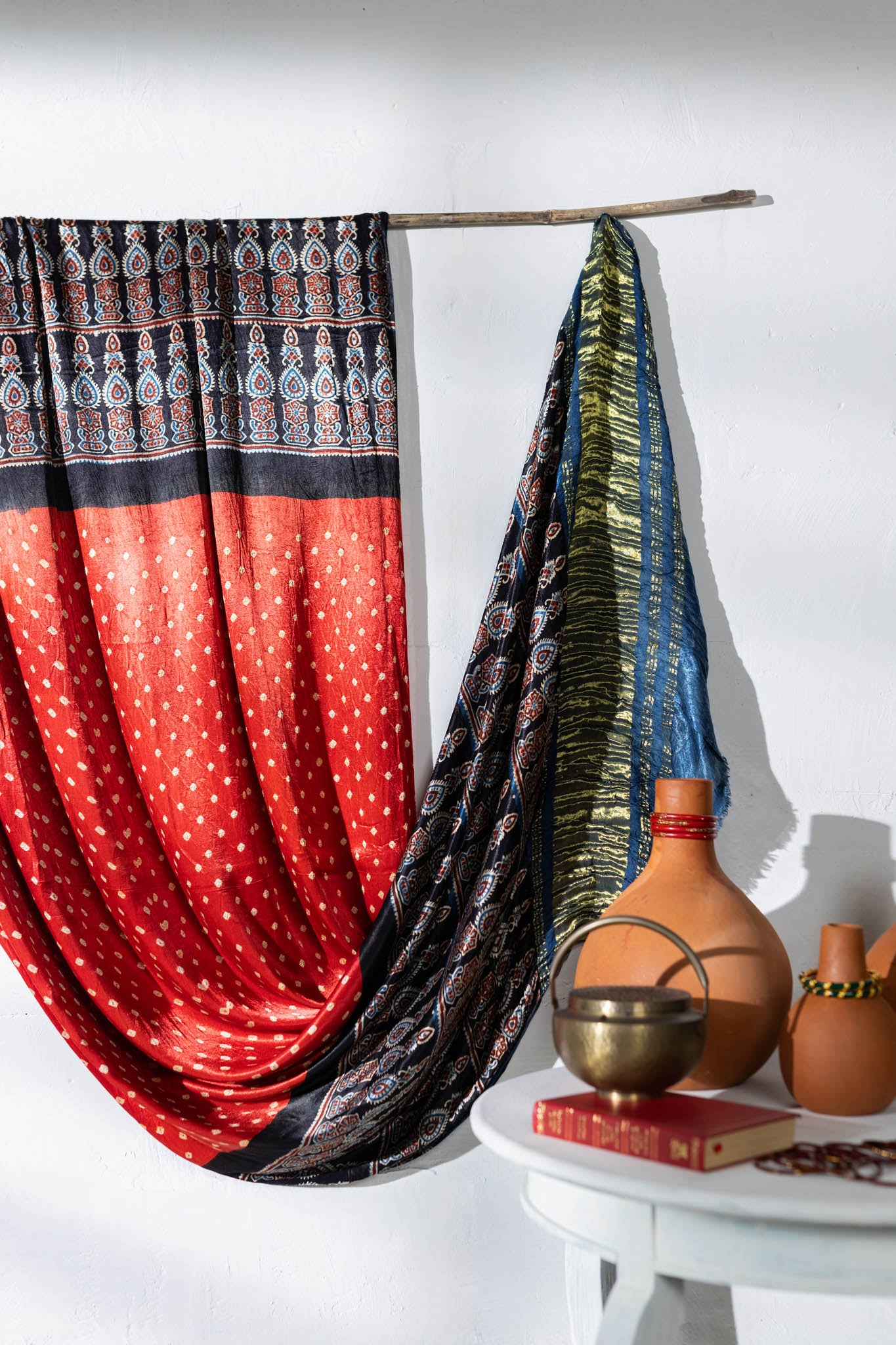 Ajrakh Hand Block Printed / Bandhani Modal Silk Dupatta with Lagdi Patta