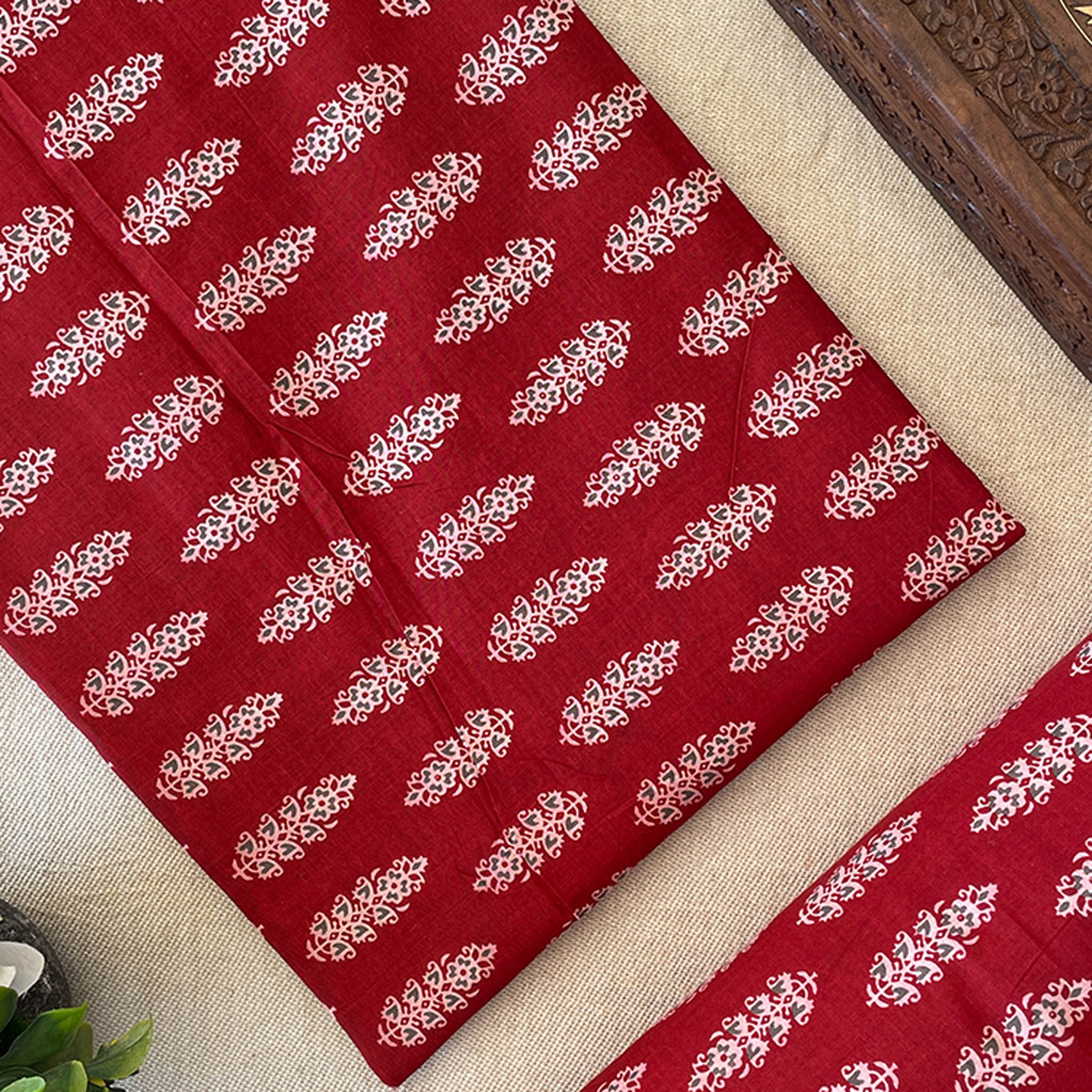 Pure Cotton Printed Fabric - Red/Big Butta - Vastra Raag