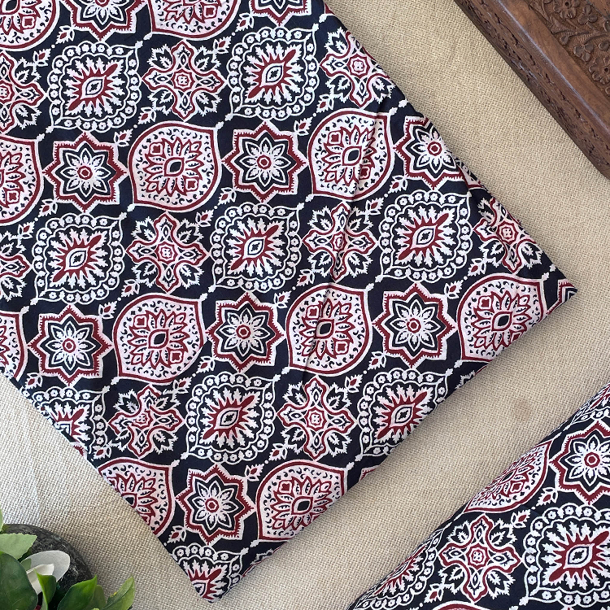 Pure Cotton Printed Fabric - Black/Badam Ajrakh - Vastra Raag