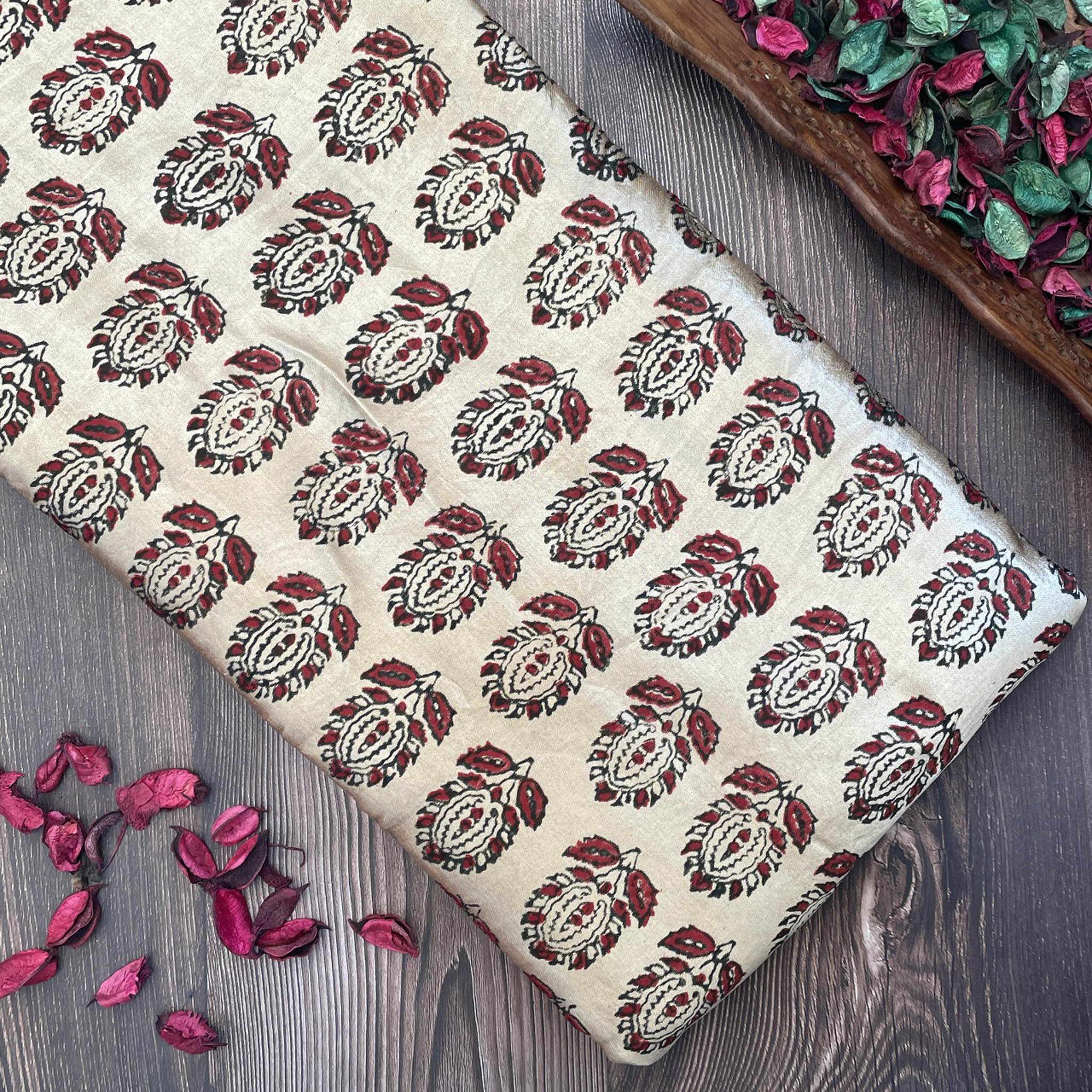 Mashru Silk Hand Block Printed Fabric - Bronze / Maroon - Big Butta - Vastra Raag