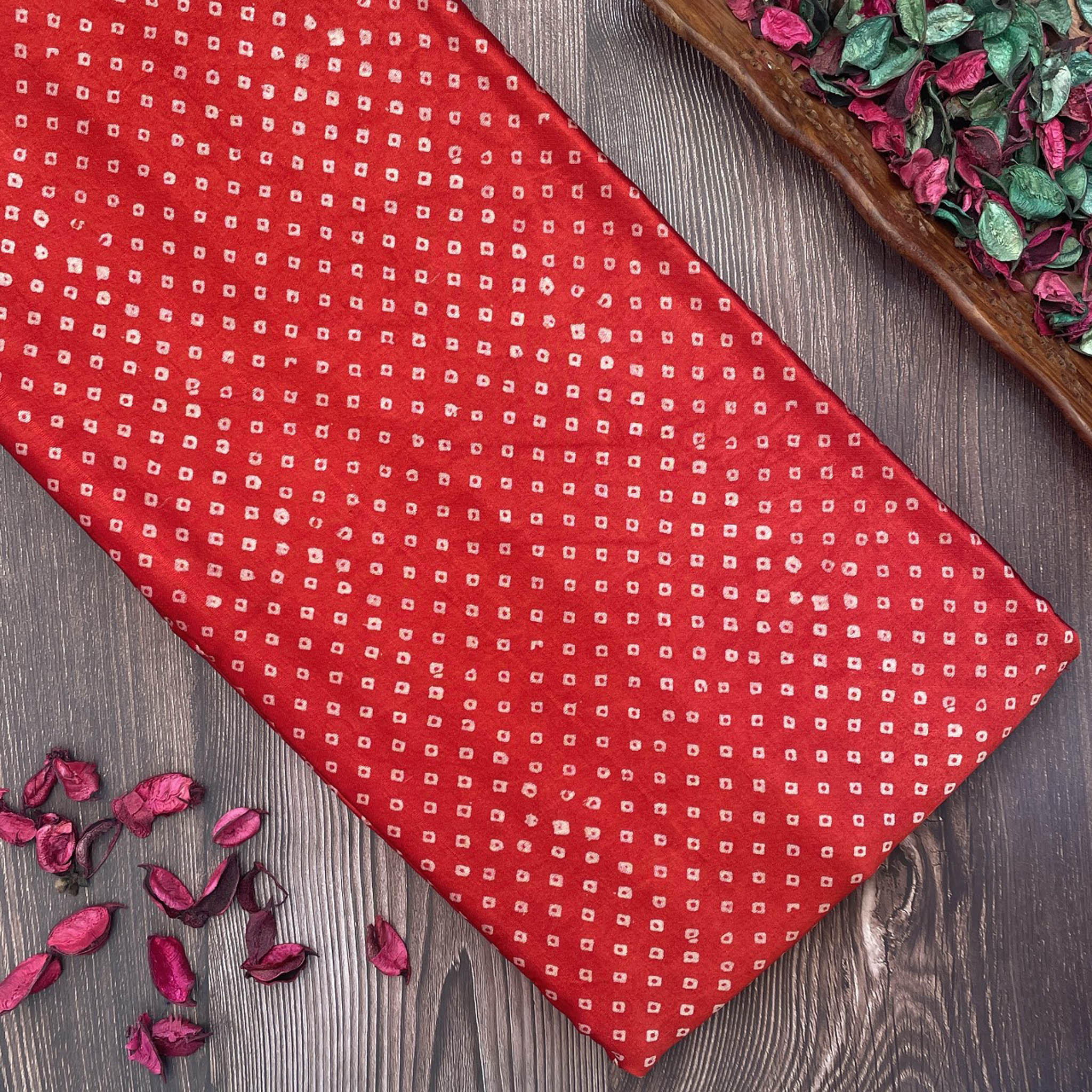 Mashru Silk Hand Block Printed Fabric - Red - Bandhani - Vastra Raag