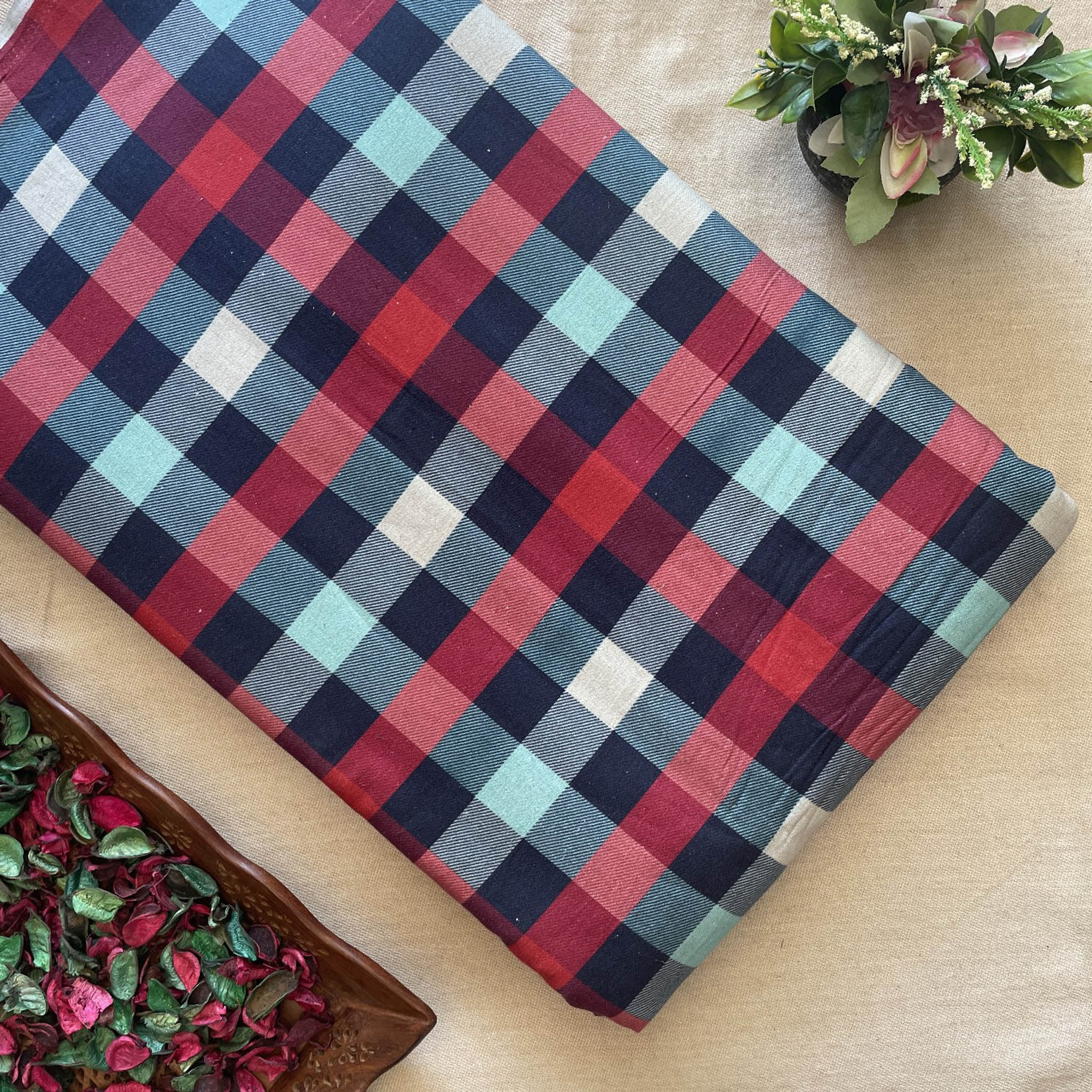 Khadi Cotton Printed Fabric - Multicolor Checks - Vastra Raag