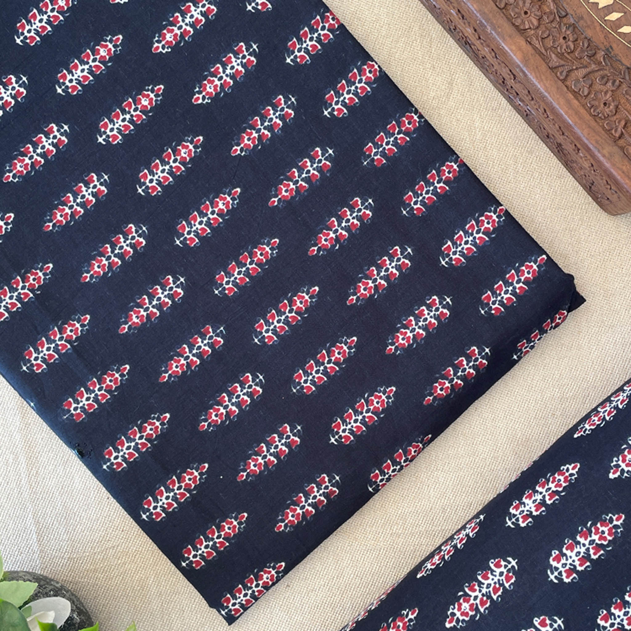 Pure Cotton Printed Fabric - Navy Blue/Red Butta - Vastra Raag