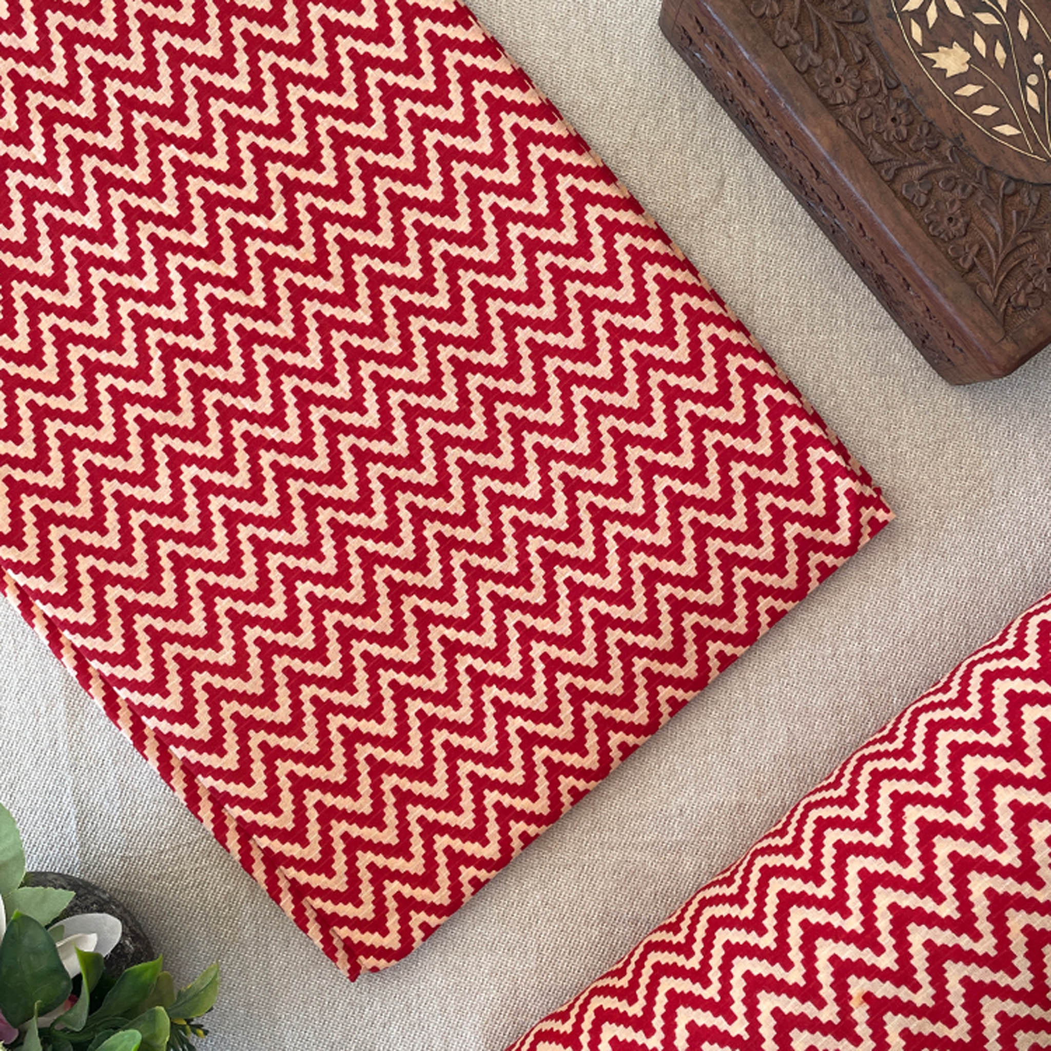 Pure Cotton Printed Fabric - Red/Cream Zig Zag - Vastra Raag