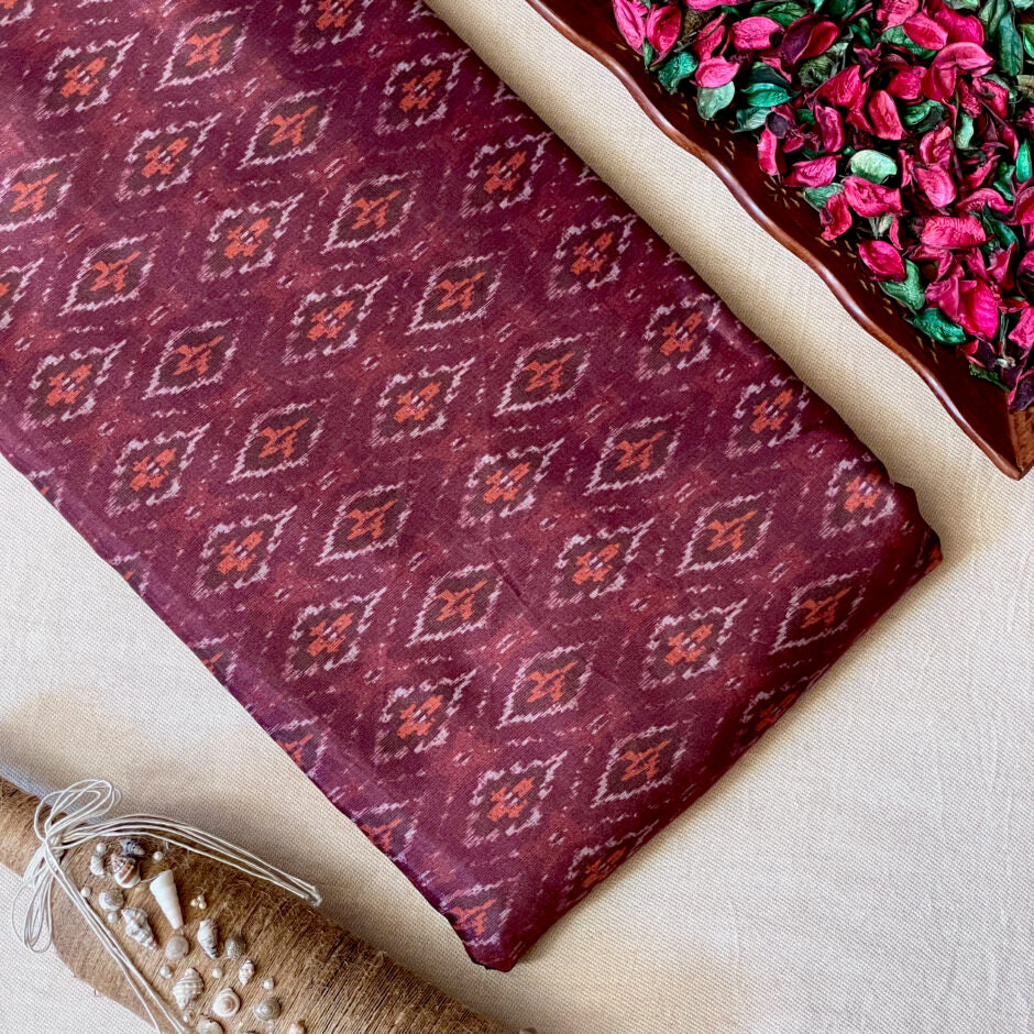 Cotton Silk Printed Fabric - Brown - Ikat - Vastra Raag