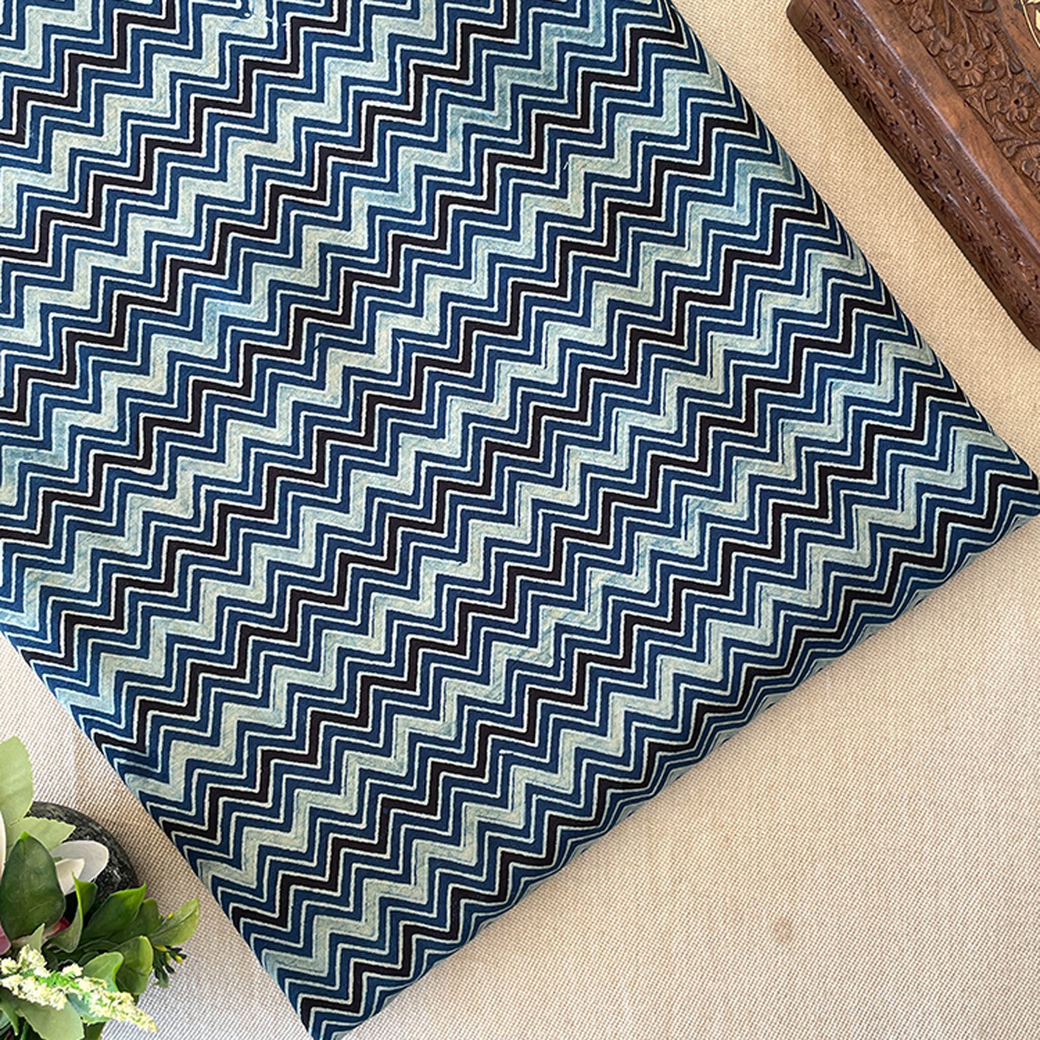 Pure Cotton Printed Fabric - Blue/Black Ajrakh Zig Zag - Vastra Raag