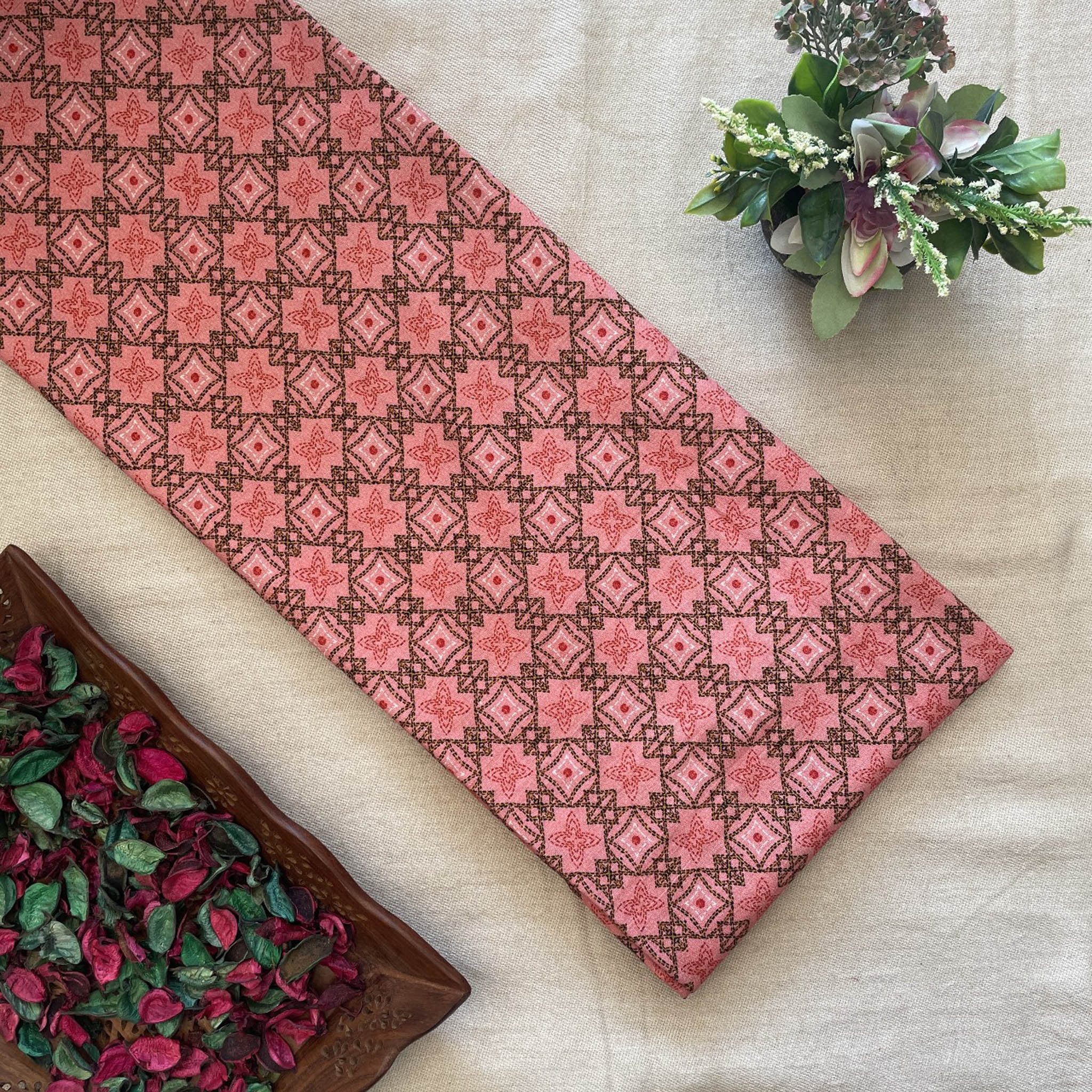 Khadi Cotton Printed Fabric - Kantha Print - Carrot Red - Geometry - Vastra Raag