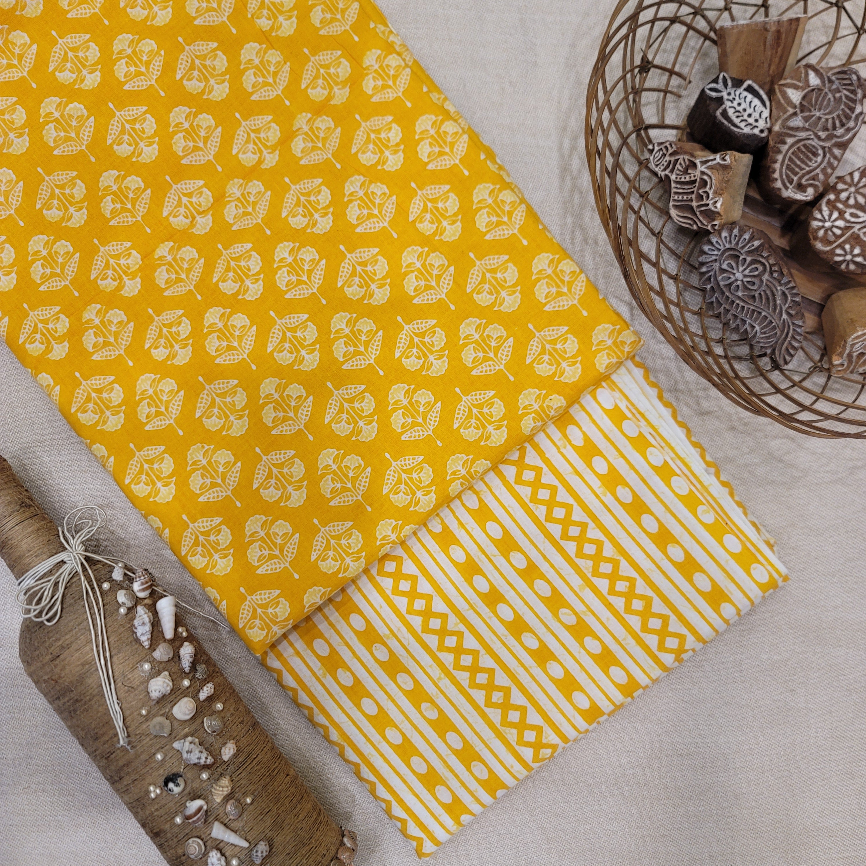 Yellow Pure Cotton Hand Block Printed 2 PC Suit - Vastra Raag