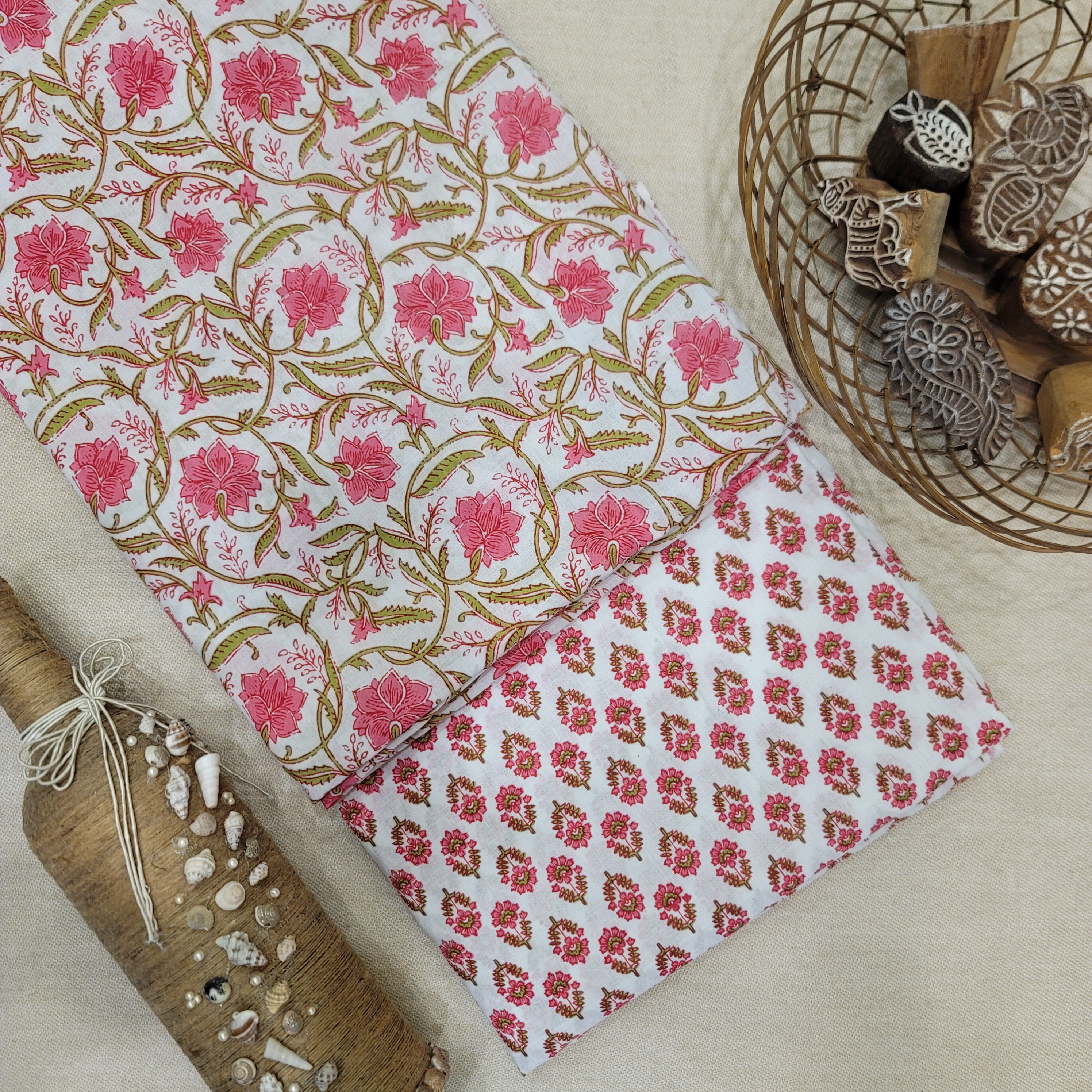 White/Pink Pure Cotton Hand Block Printed 2 PC Suit - Vastra Raag