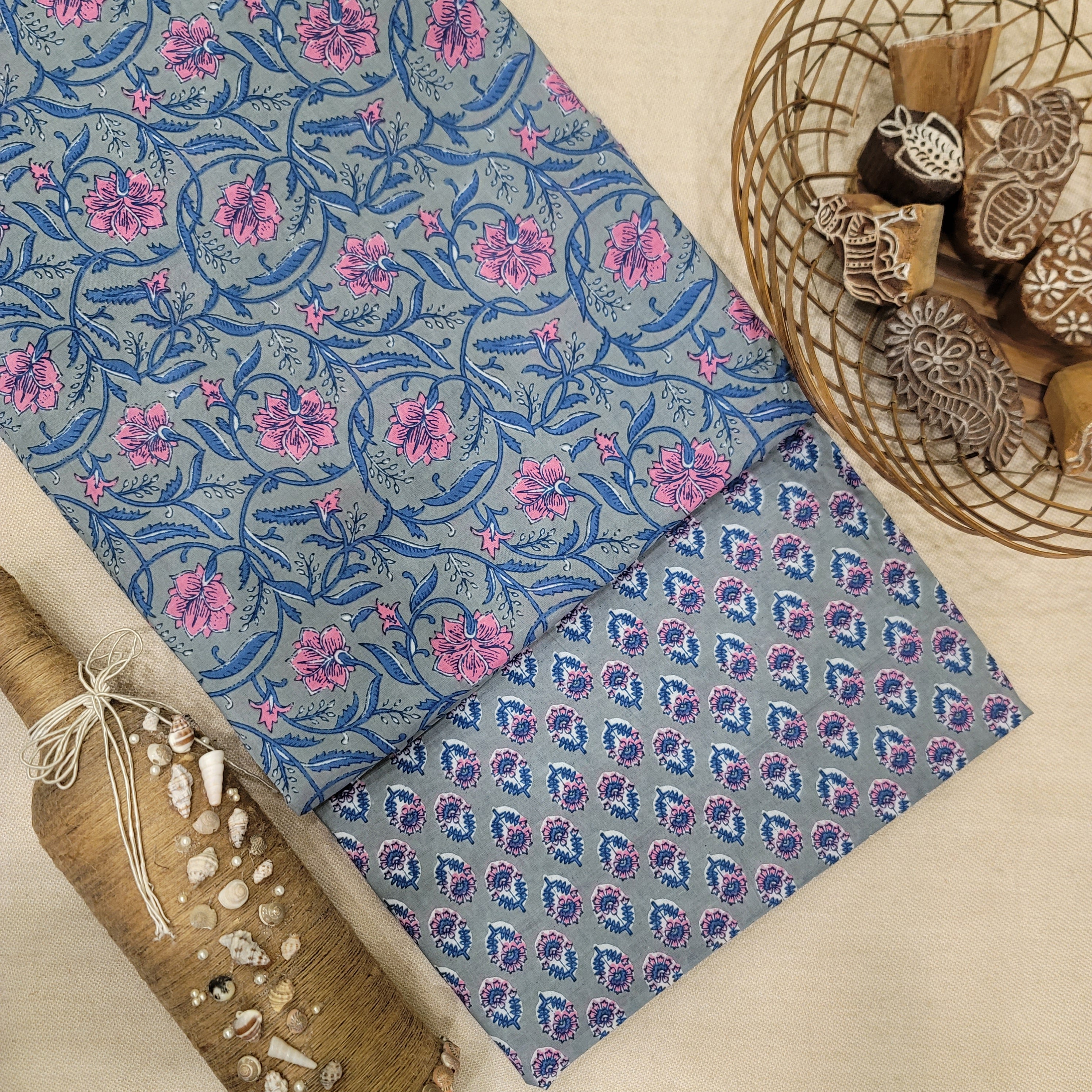 Pink/Blue/Grey Pure Cotton Hand Block Printed 2 PC Suit - Vastra Raag