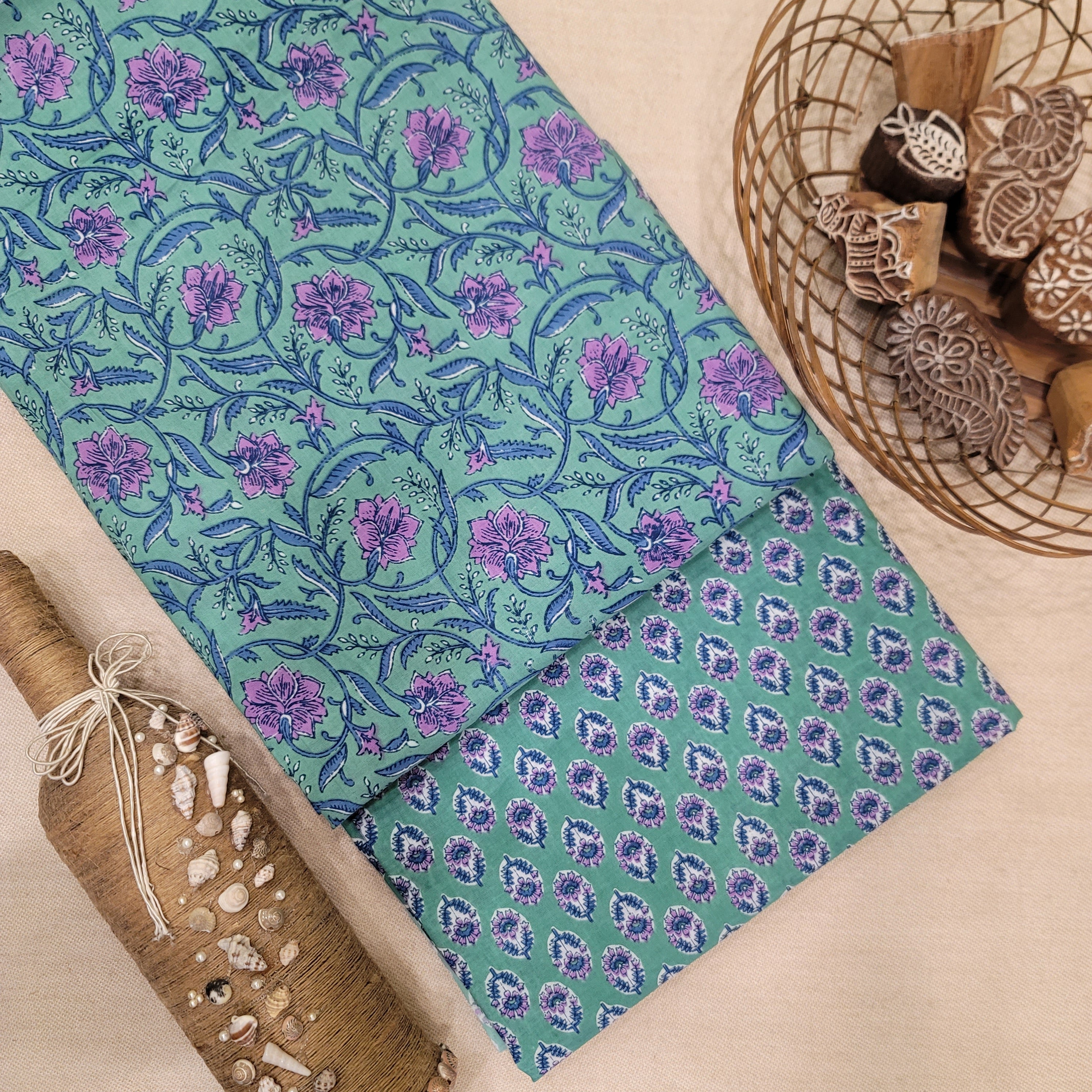 Green/Violate Pure Cotton Hand Block Printed 2 PC Suit - Vastra Raag