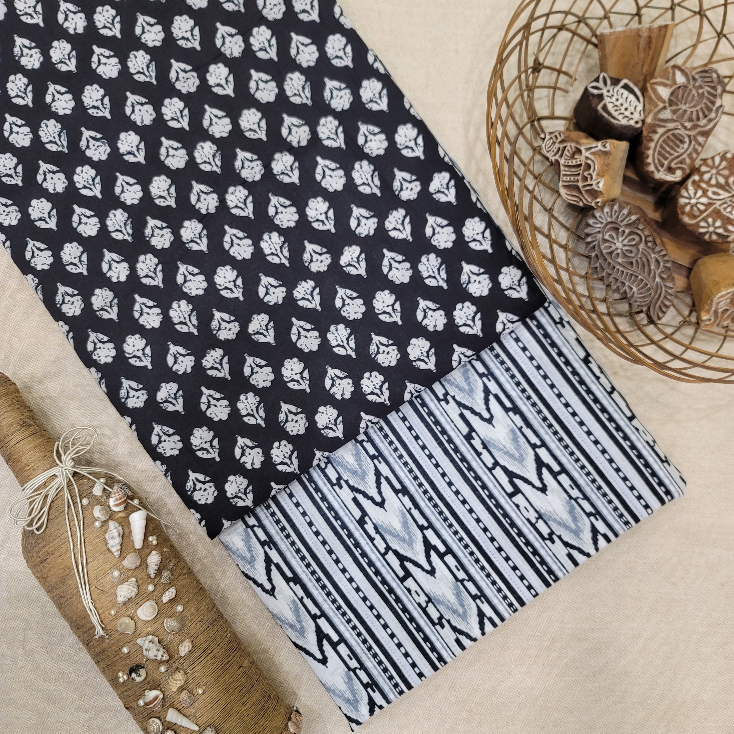 Black Pure Cotton Hand Block Printed 2 PC Suit - Vastra Raag