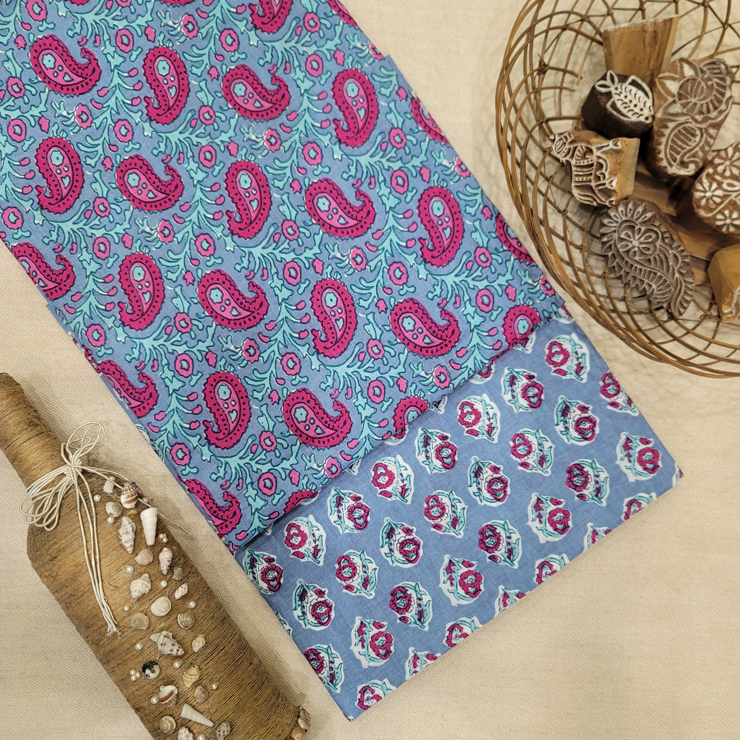 Steel Blue Pure Cotton Hand Block Printed 2 PC Suit - Vastra Raag