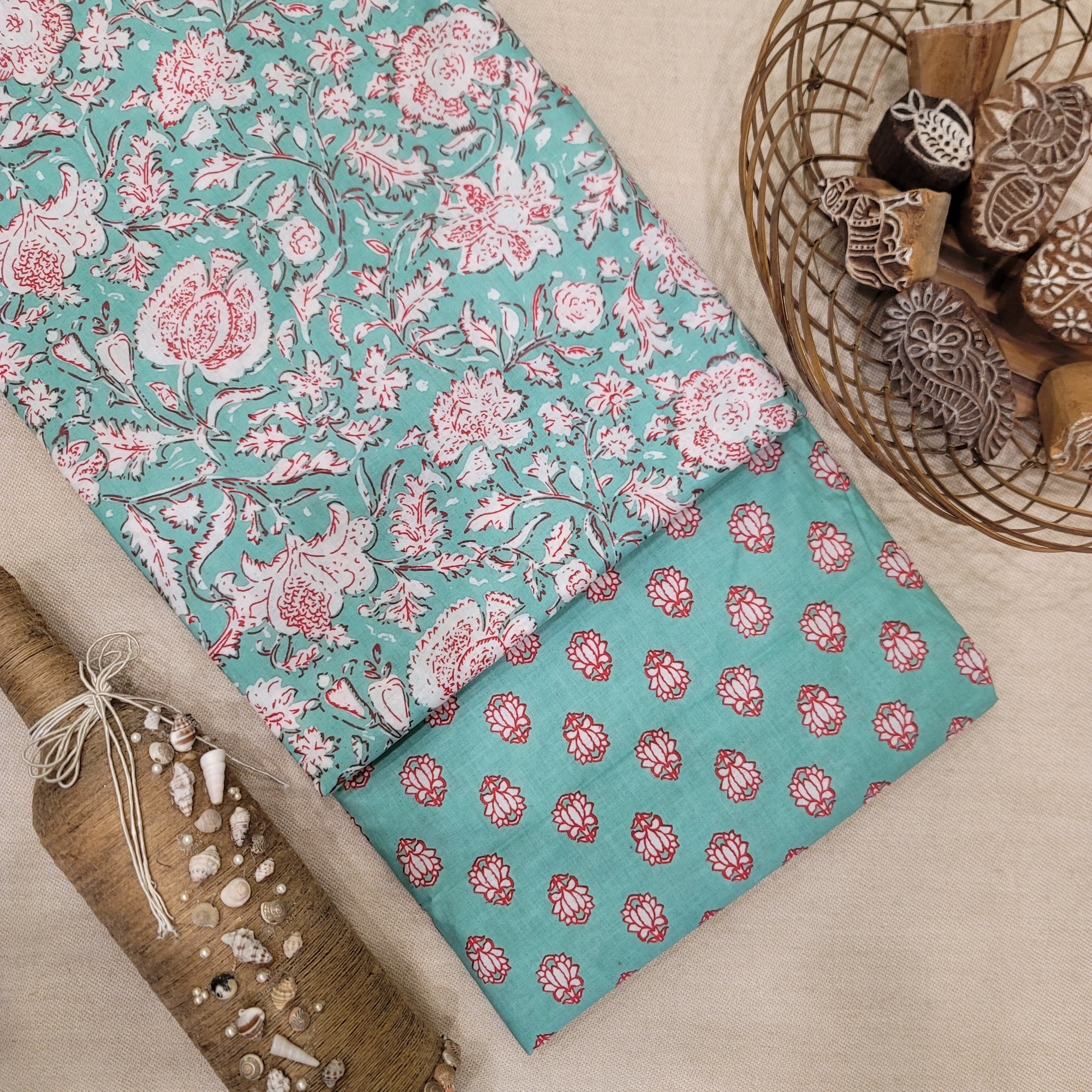 Sea Foam Green Pure Cotton Hand Block Printed 2 PC Suit - Vastra Raag