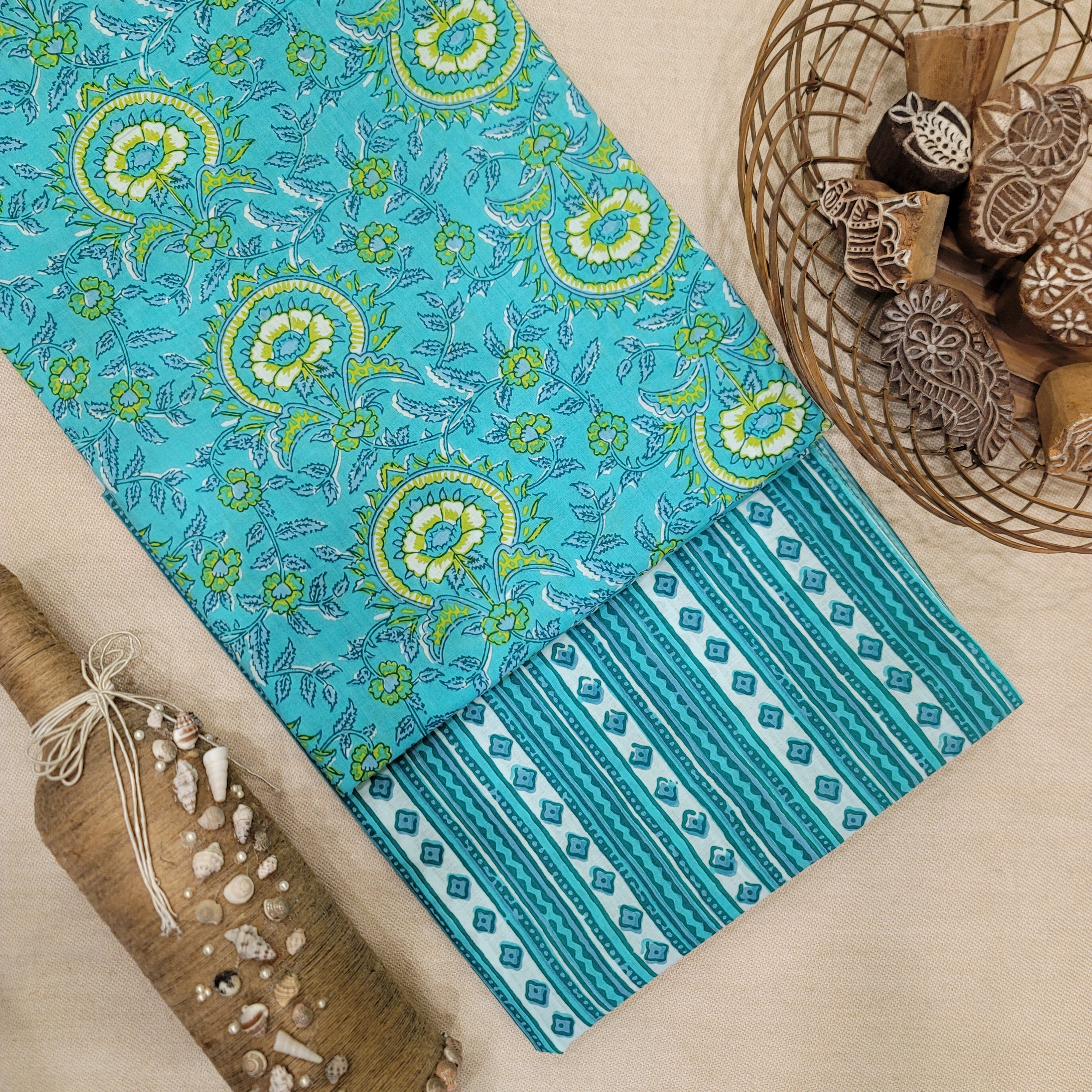 Turquoise Pure Cotton Hand Block Printed 2 PC Suit - Vastra Raag