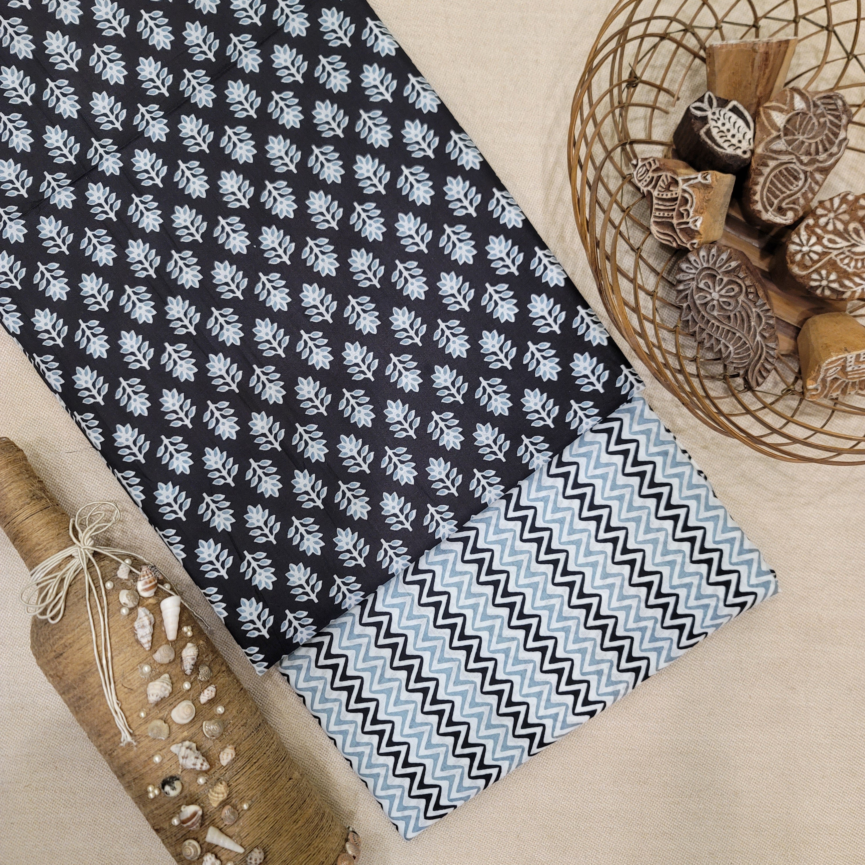 Black Pure Cotton Hand Block Printed 2 PC Suit - Vastra Raag