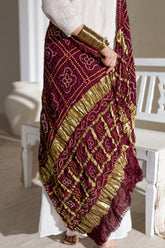 Maroon - Pure Modal Silk Bandhani Checks Pallu Dupatta with Zari Lagdi Patta