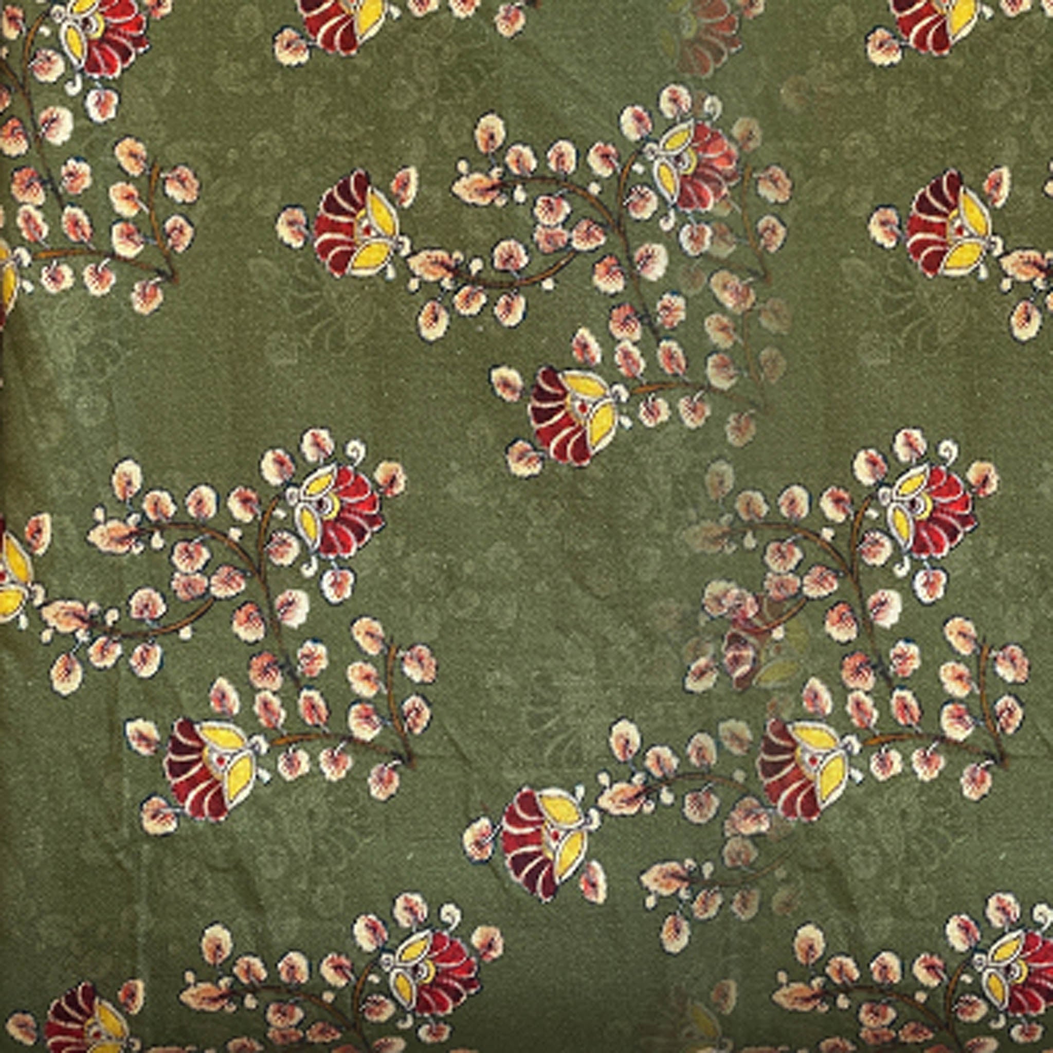 Khadi Cotton Printed Fabric - Kalamkari Print - Olive Green - Vastra Raag