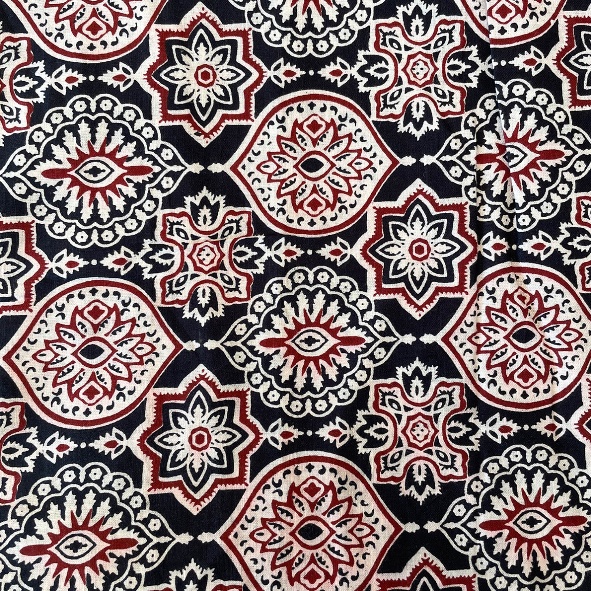 Pure Cotton Printed Fabric - Black/Badam Ajrakh - Vastra Raag