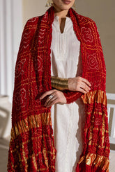 Red - Pure Modal Silk Bandhani Checks Pallu Dupatta with Zari Lagdi Patta