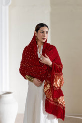 Red - Pure Modal Silk Bandhani Dani Dupatta with Zari Lagdi Patta
