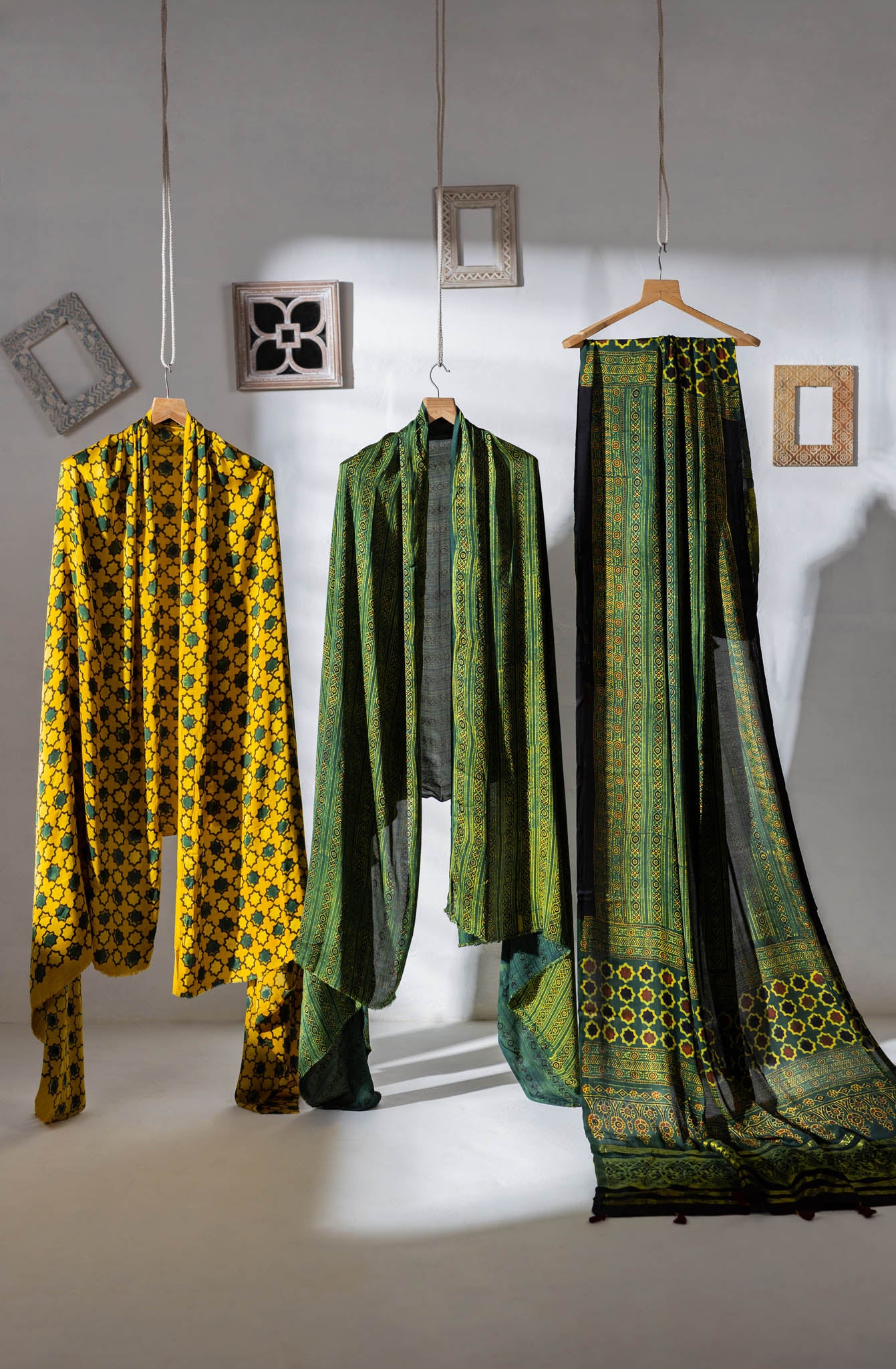 Ajrakh Hand Block Printed Modal Silk 3 PC Suit with Nakshi Dupatta - Green/Yellow - Vastra Raag