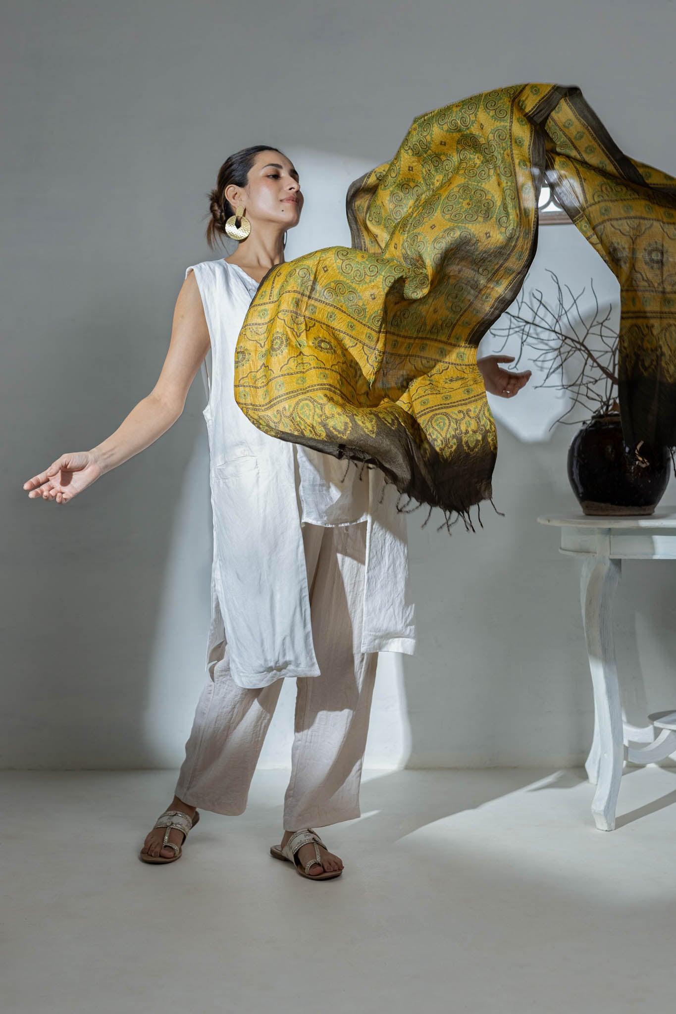 Ajrakh Hand Block Printed - Handloom Pure Tussar Silk Stole - Yellow - Vastra Raag