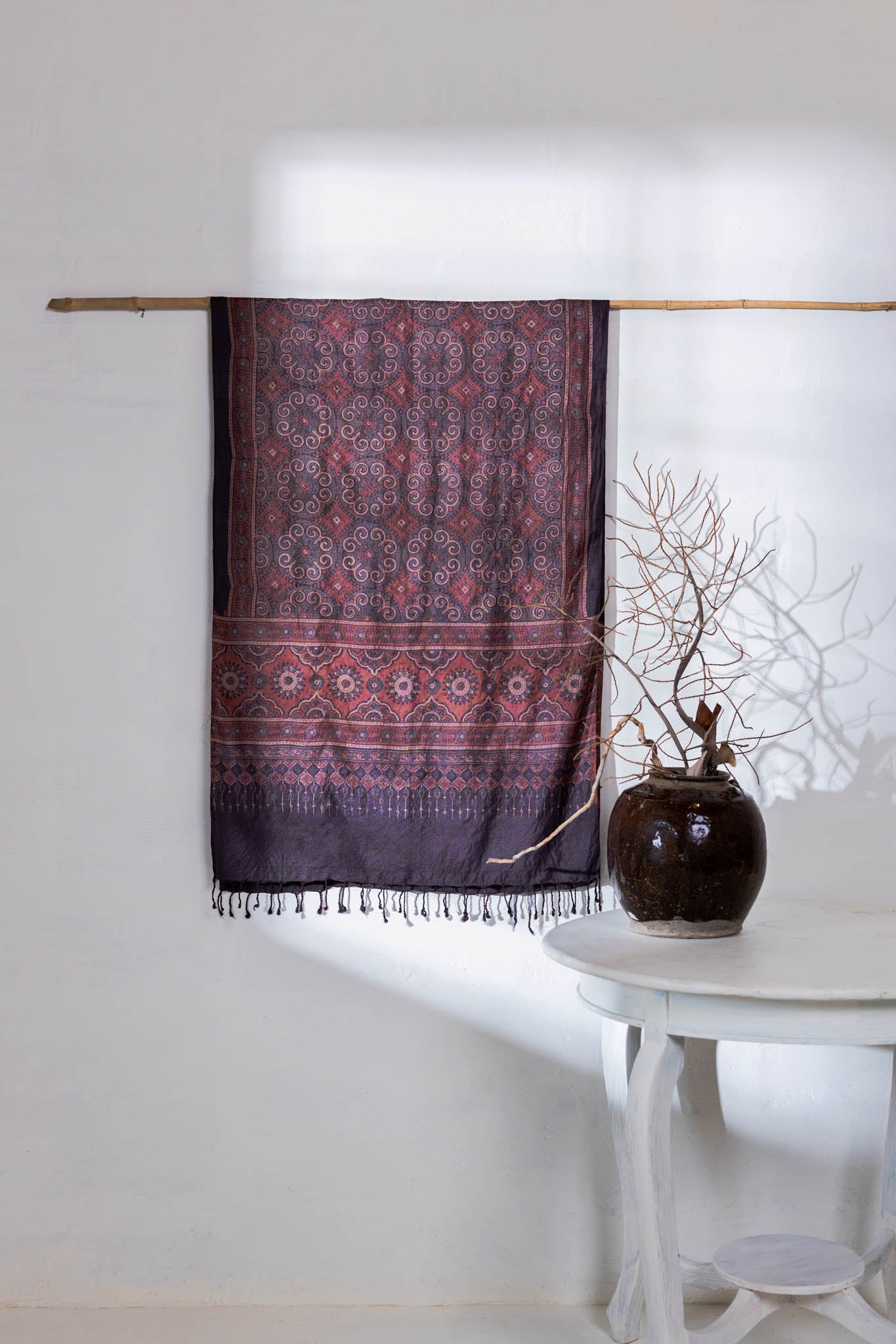 Ajrakh Hand Block Printed - Handloom Pure Tussar Silk Stole - Purple - Vastra Raag