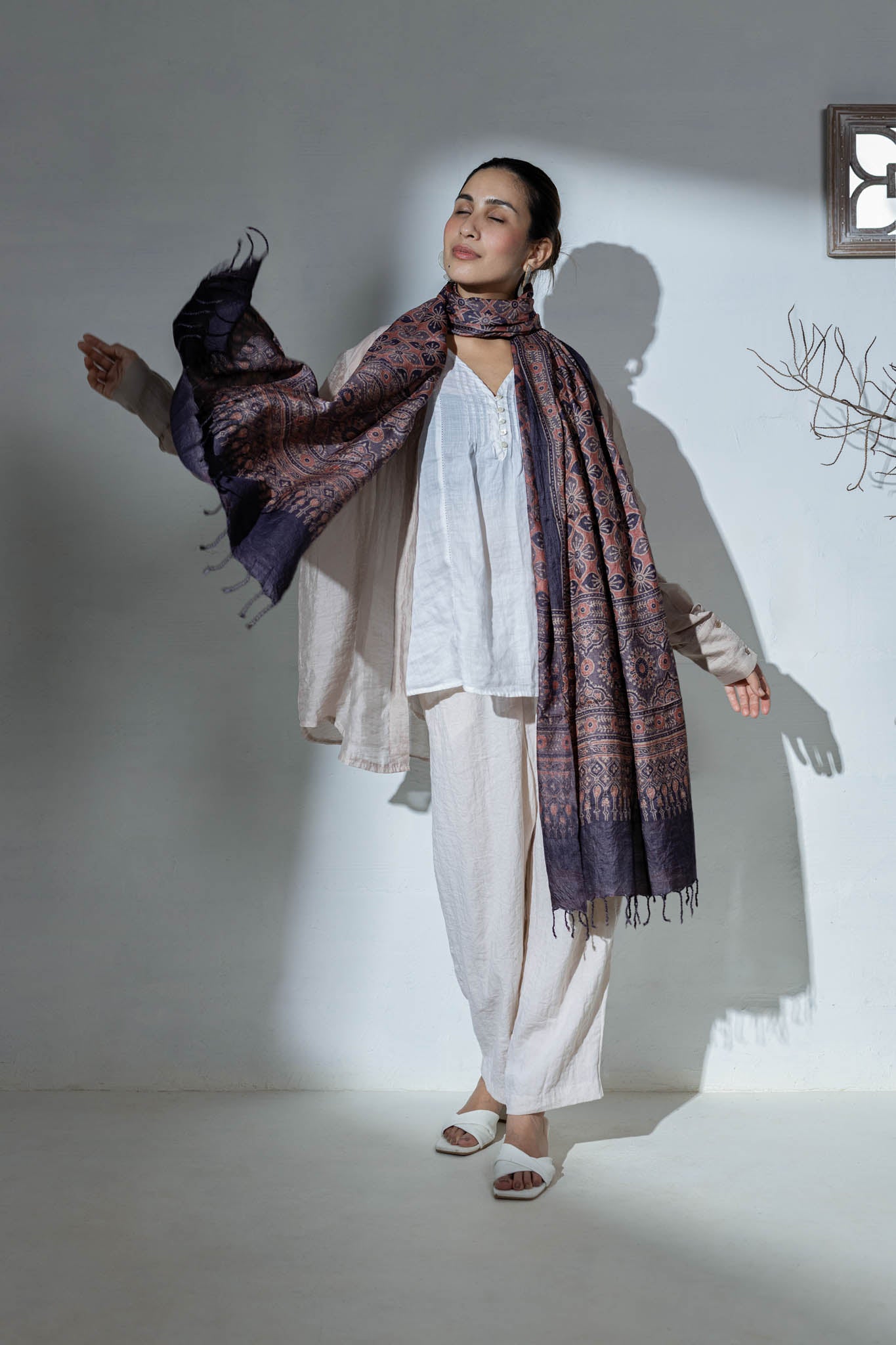 Ajrakh Hand Block Printed - Handloom Pure Tussar Silk Stole - Purple - Vastra Raag