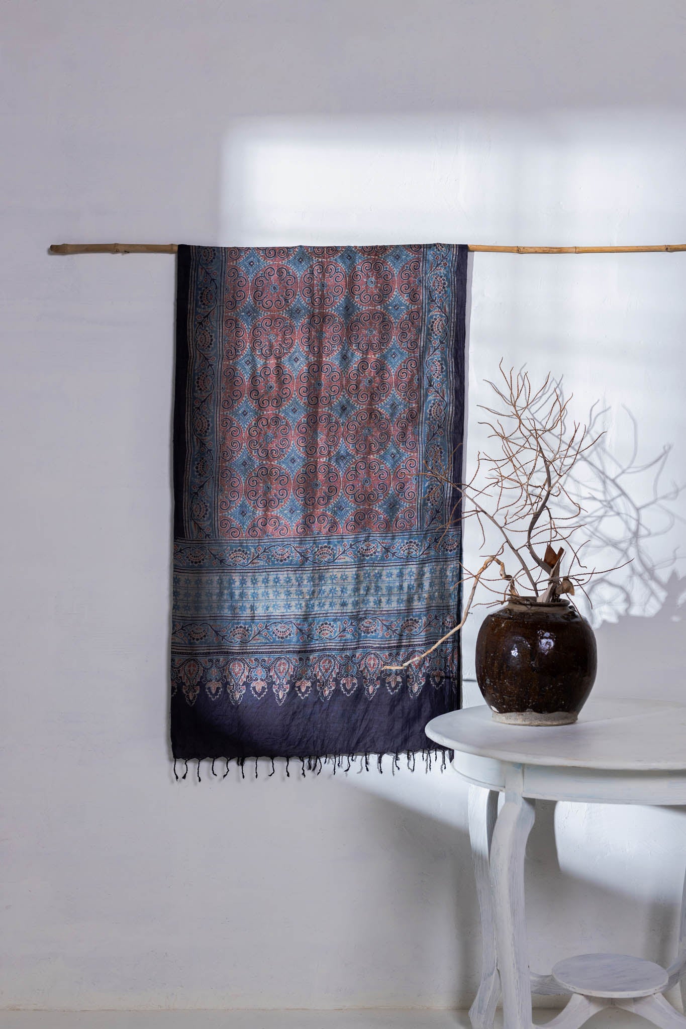 Ajrakh Hand Block Printed - Handloom Pure Tussar Silk Stole - Navy Blue - Vastra Raag