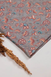 Khadi Cotton Printed Fabric - Floral - Grey - Vastra Raag