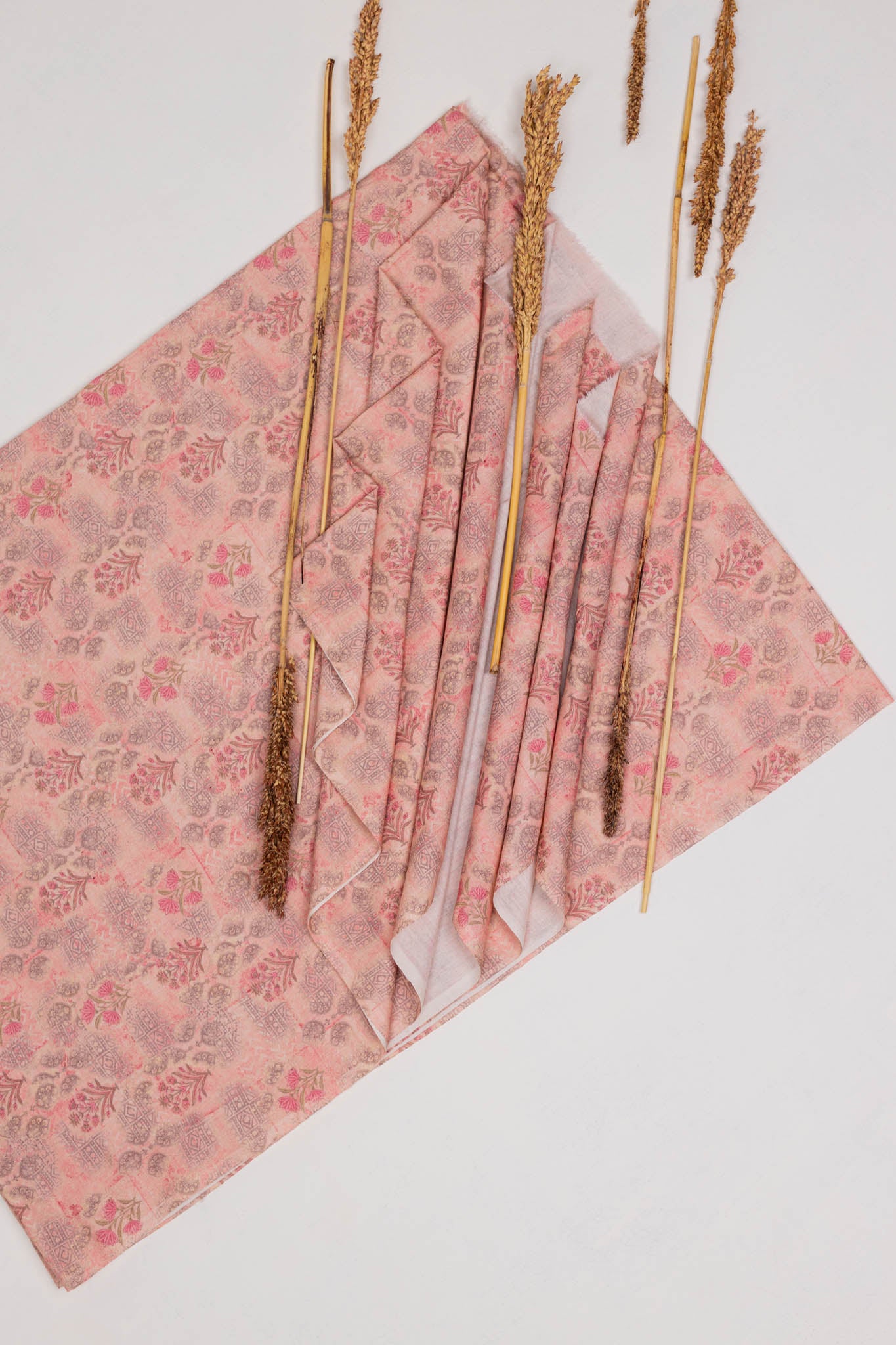 Khadi Cotton Printed Fabric - Floral - Rose Blush - Vastra Raag