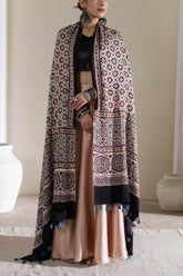 Cream/Maroon - Modal Silk Ajrakh Hand Block Dupatta