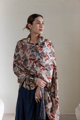 Cream/Black/Blue - Modal Silk Ajrakh Hand Block Dupatta