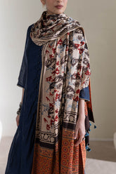 Cream/Orange - Modal Silk Ajrakh Hand Block Dupatta