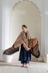 Cream/Black - Modal Silk Ajrakh Hand Block Dupatta