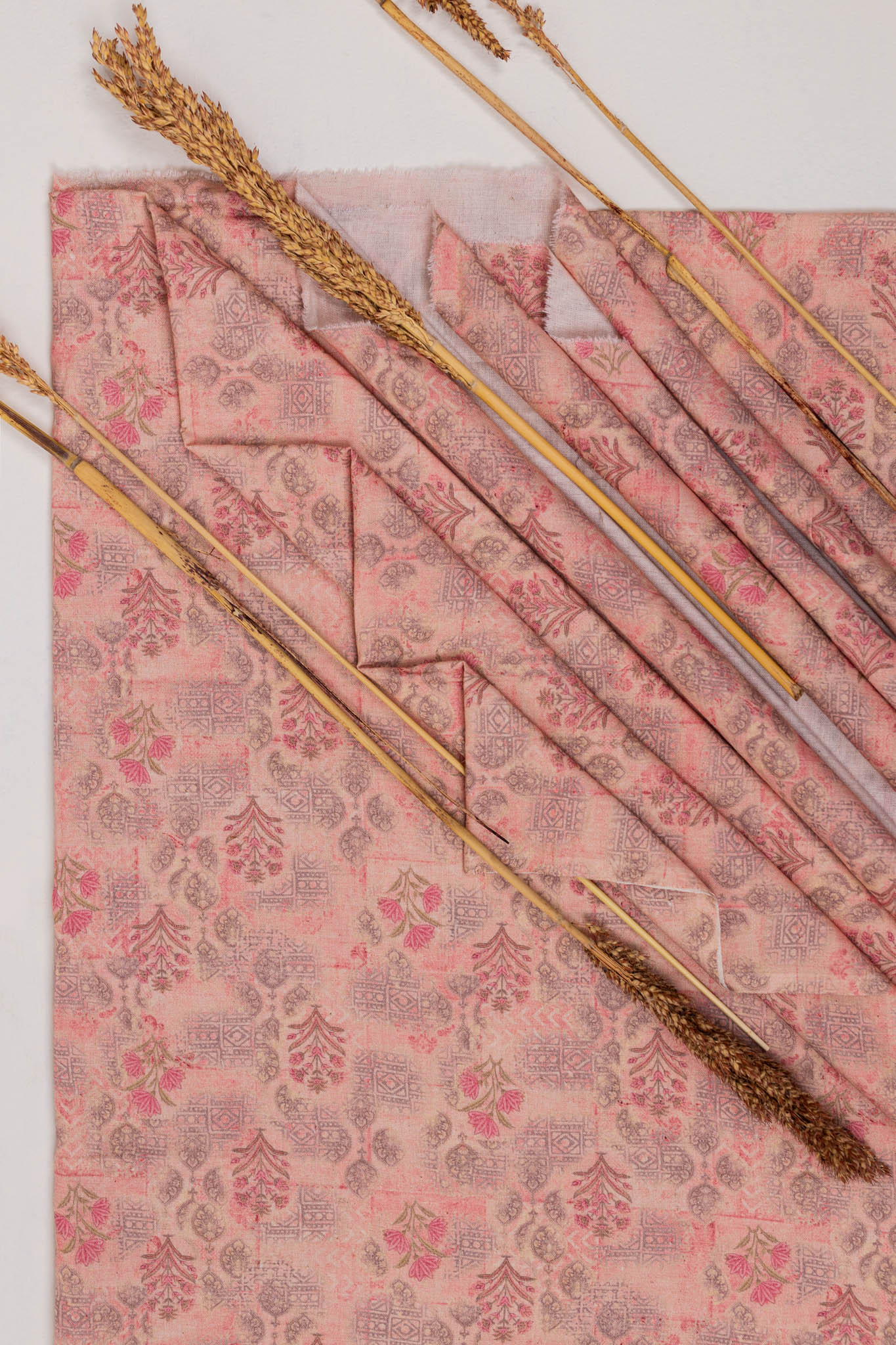 Khadi Cotton Printed Fabric - Floral - Rose Blush - Vastra Raag
