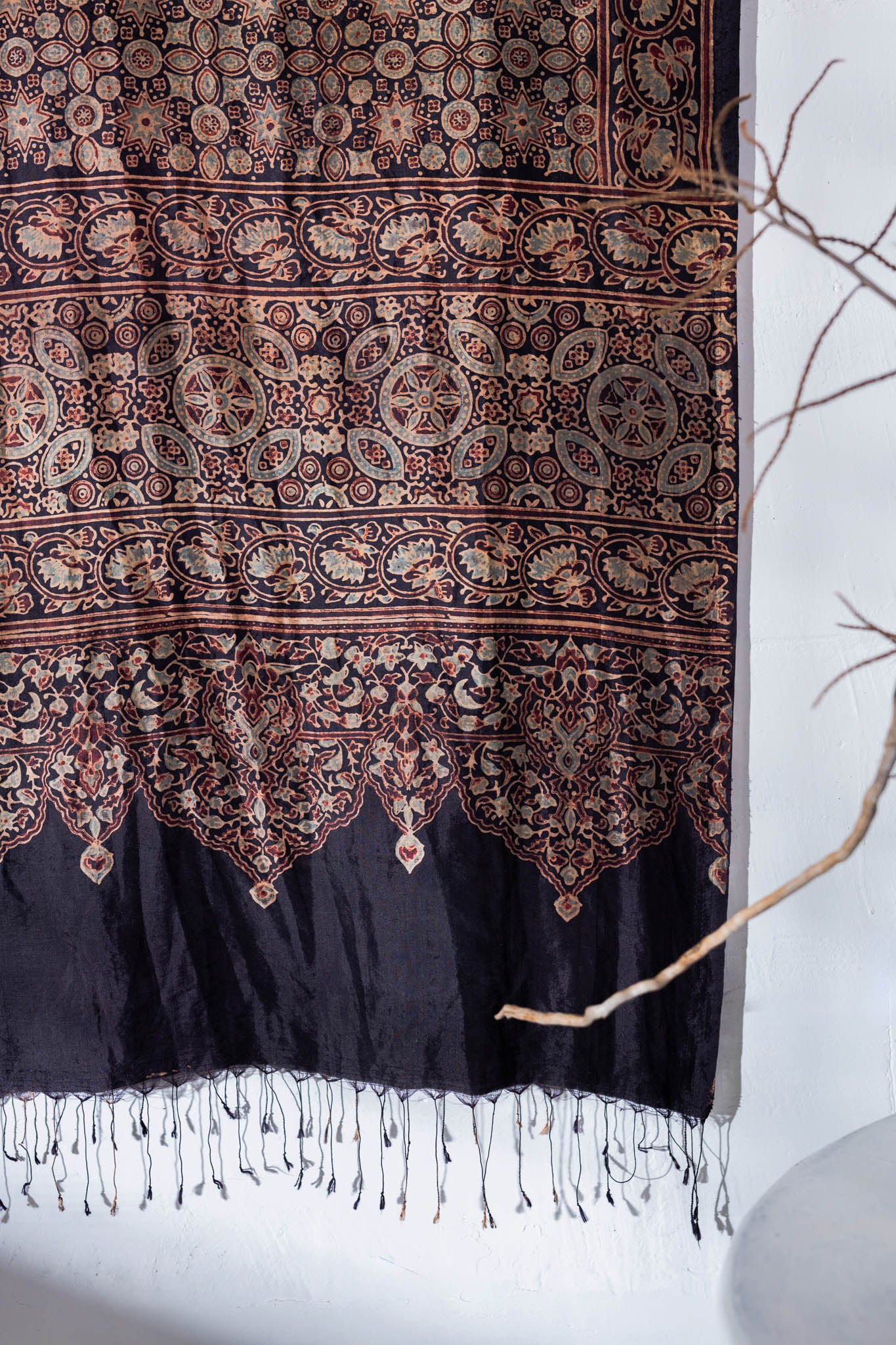 Ajrakh Hand Block Printed - Handloom Pure Mulberry Silk Stole - Black - Vastra Raag