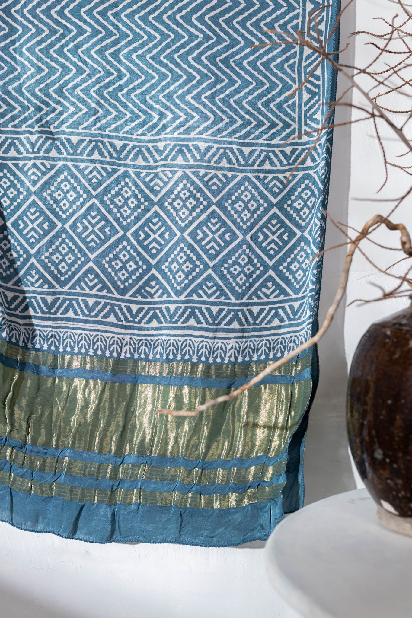 Hand Block Modal Silk Stole - Robin's Egg Blue - Vastra Raag