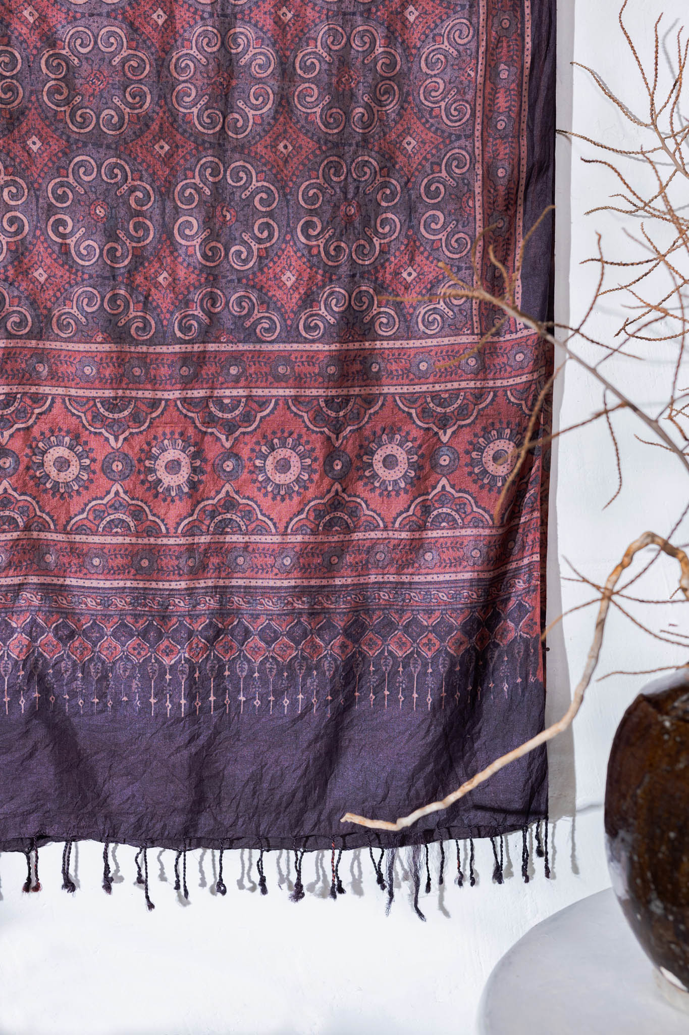 Ajrakh Hand Block Printed - Handloom Pure Tussar Silk Stole - Purple - Vastra Raag