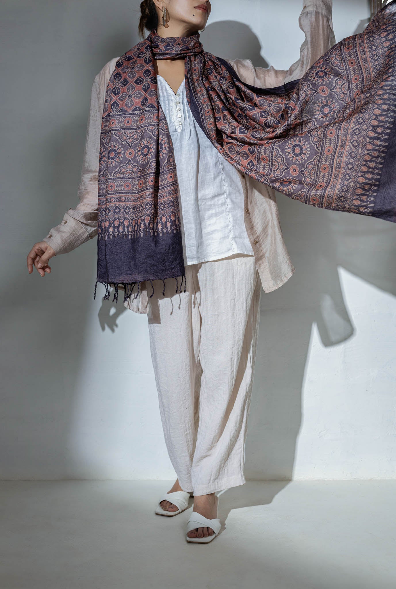 Ajrakh Hand Block Printed - Handloom Pure Tussar Silk Stole - Purple - Vastra Raag