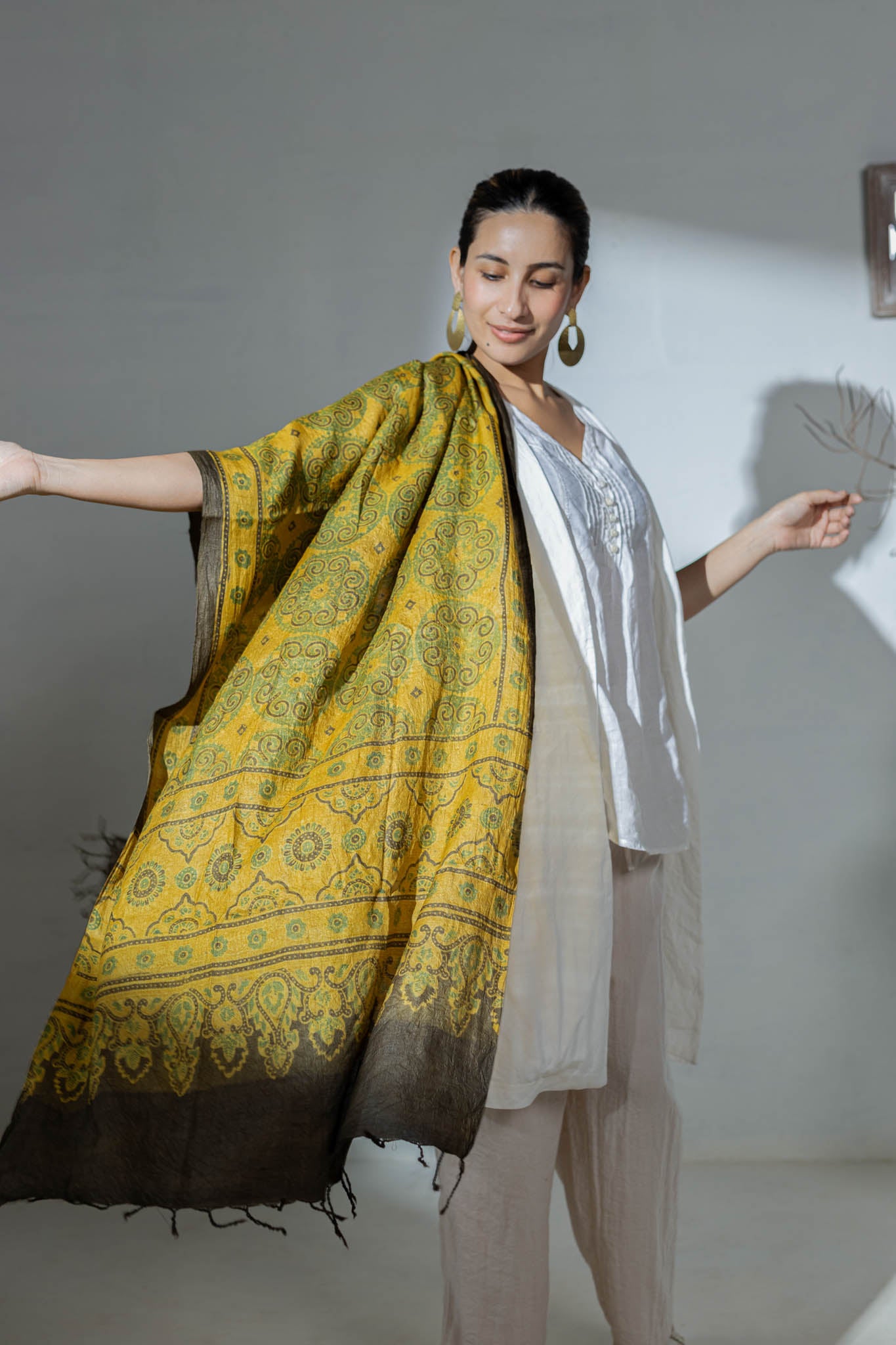 Ajrakh Hand Block Printed - Handloom Pure Tussar Silk Stole - Yellow - Vastra Raag