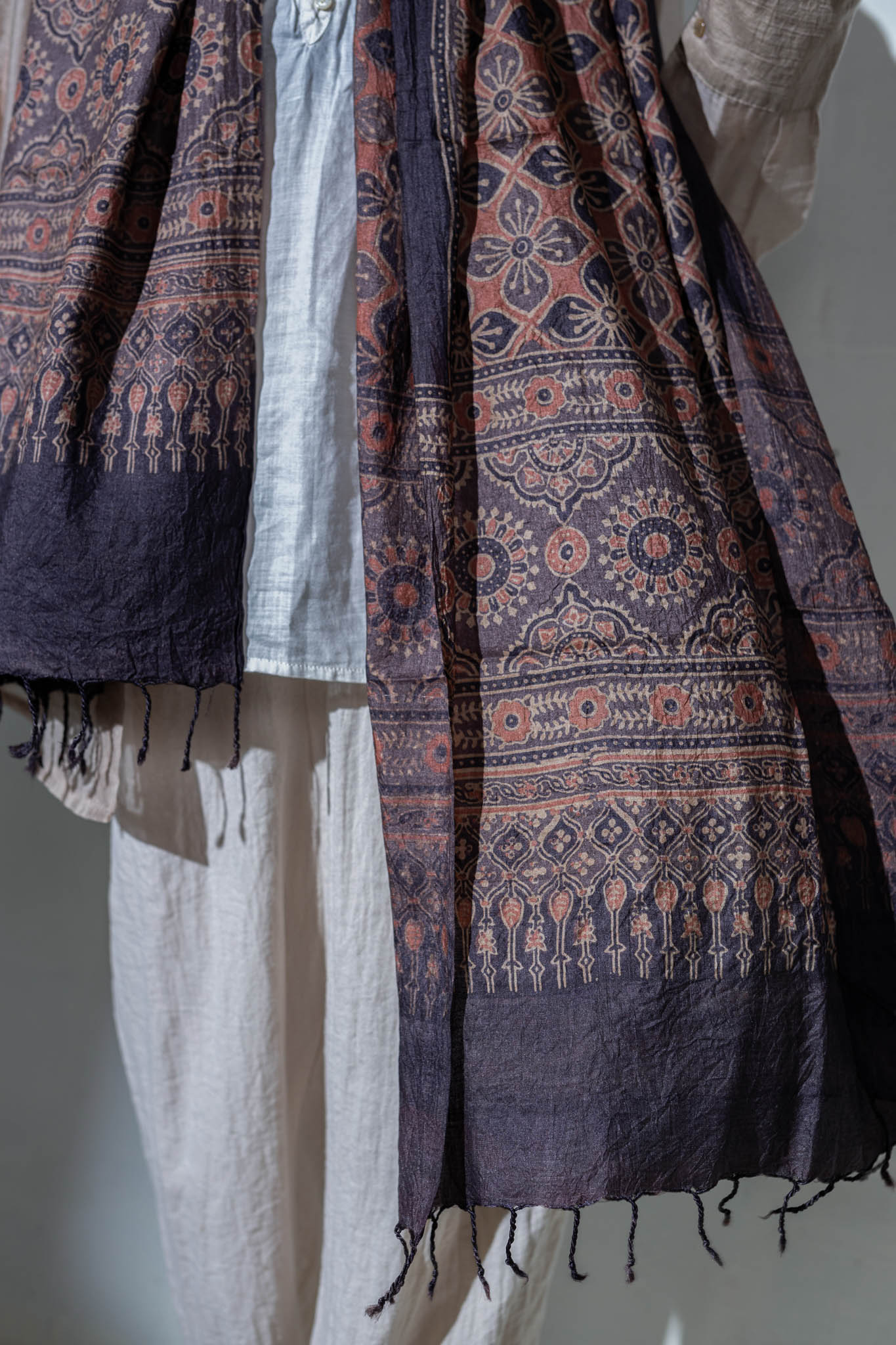 Ajrakh Hand Block Printed - Handloom Pure Tussar Silk Stole - Purple - Vastra Raag