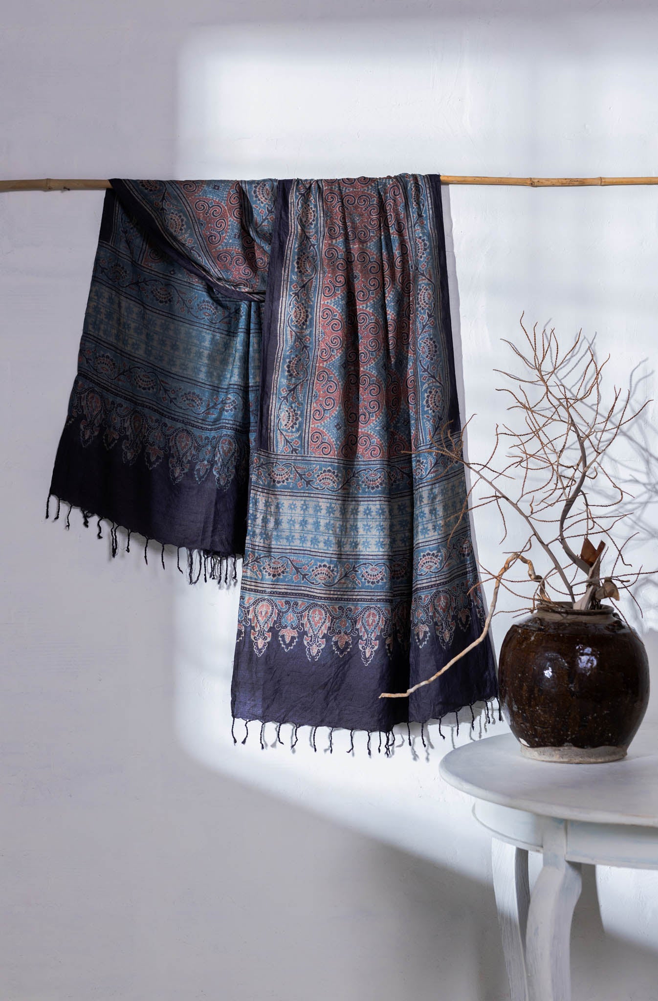 Ajrakh Hand Block Printed - Handloom Pure Tussar Silk Stole - Navy Blue - Vastra Raag