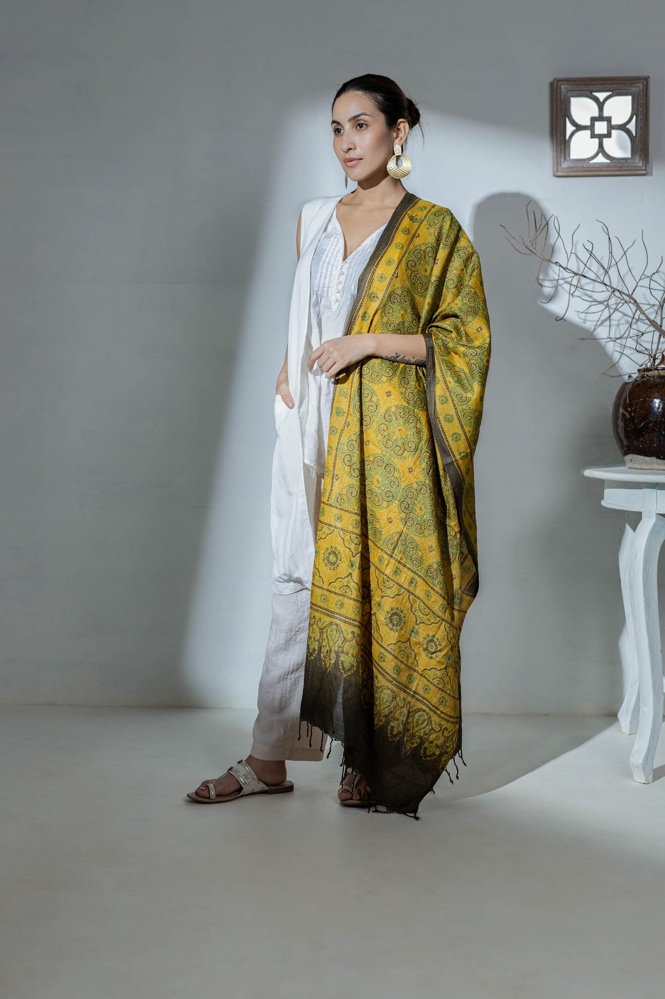 Ajrakh Hand Block Printed - Handloom Pure Tussar Silk Stole - Yellow - Vastra Raag