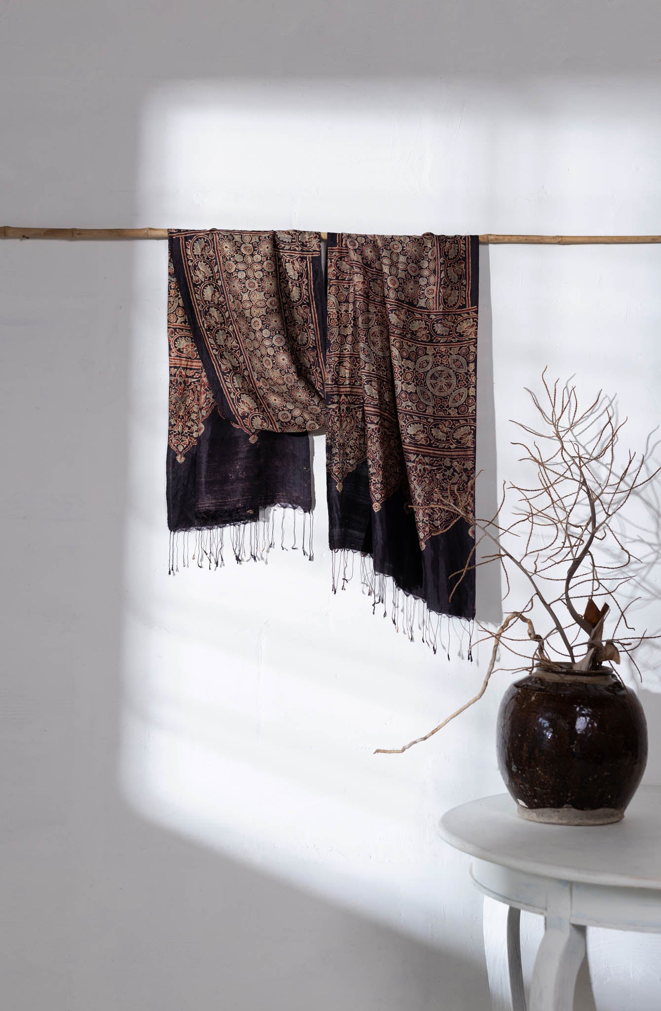 Ajrakh Hand Block Printed - Handloom Pure Mulberry Silk Stole - Black - Vastra Raag