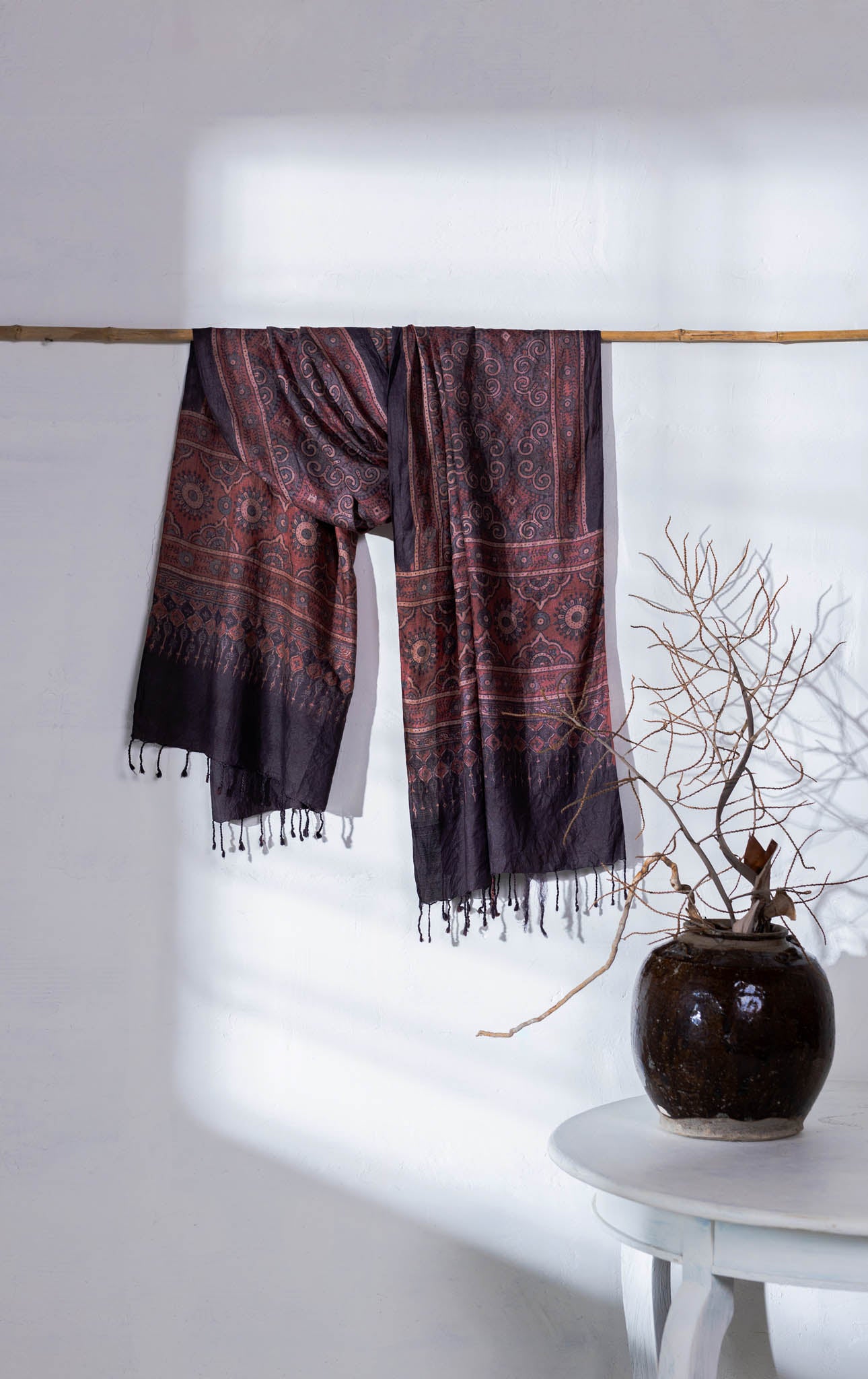 Ajrakh Hand Block Printed - Handloom Pure Tussar Silk Stole - Purple - Vastra Raag